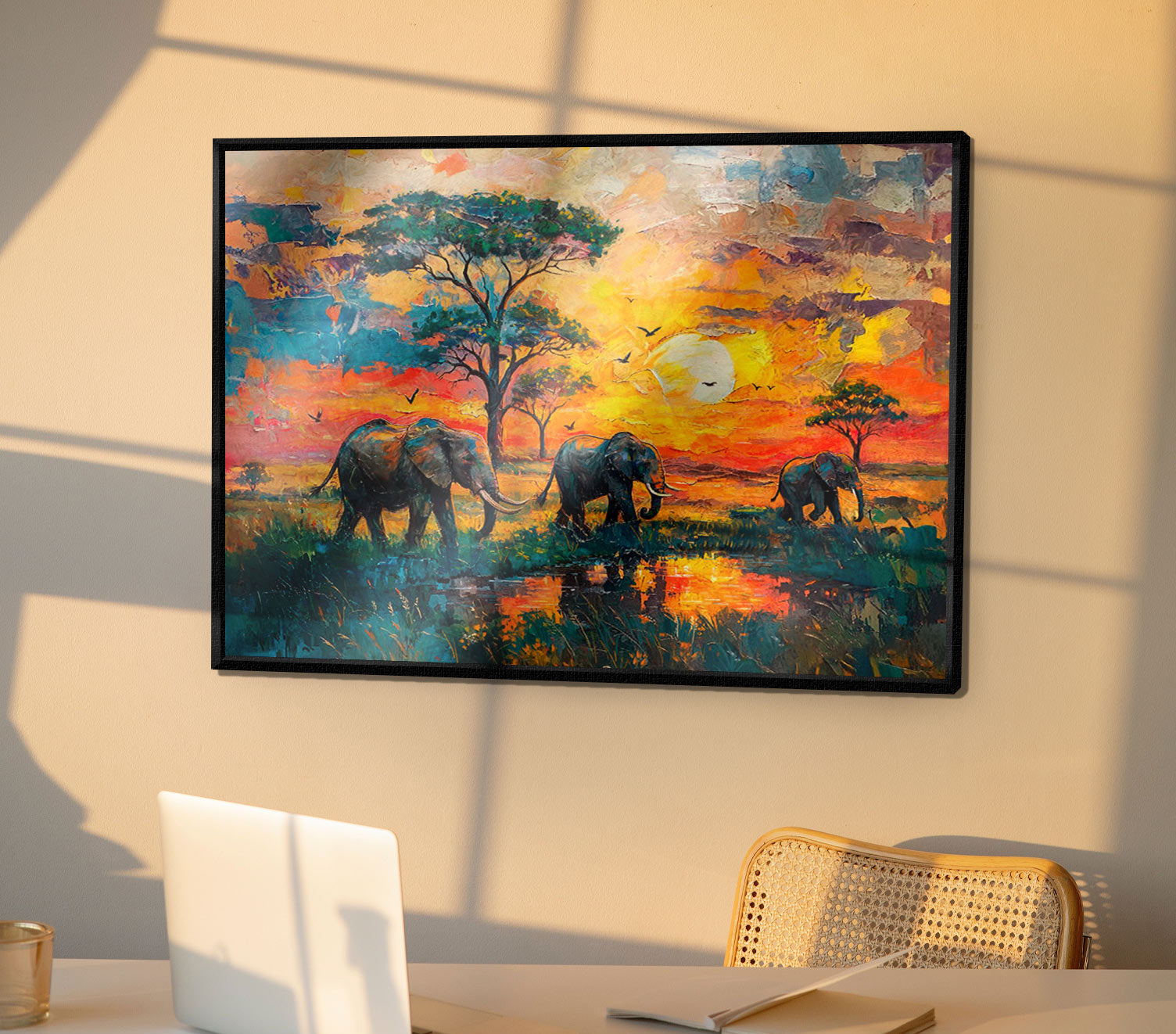 vibrant-safari-sunset-wall-art-with-elephants