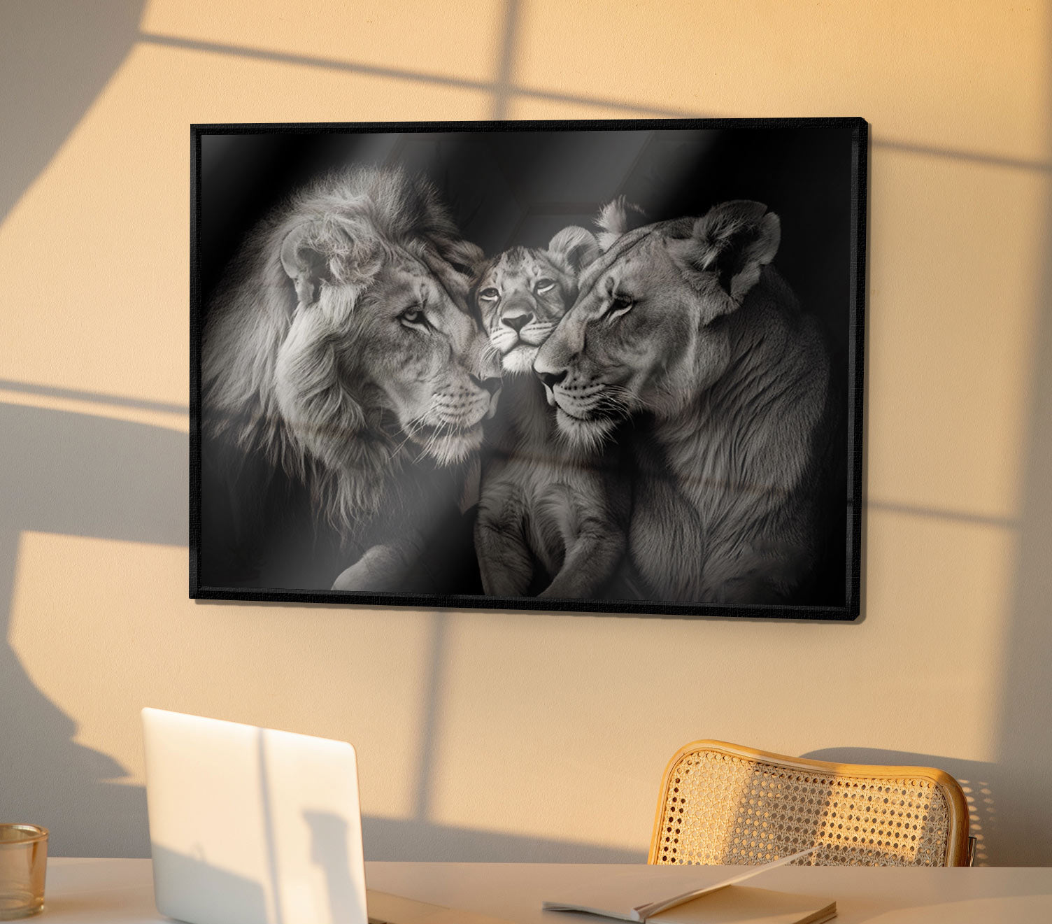 cozy-lion-family-black-and-white-canvas-print