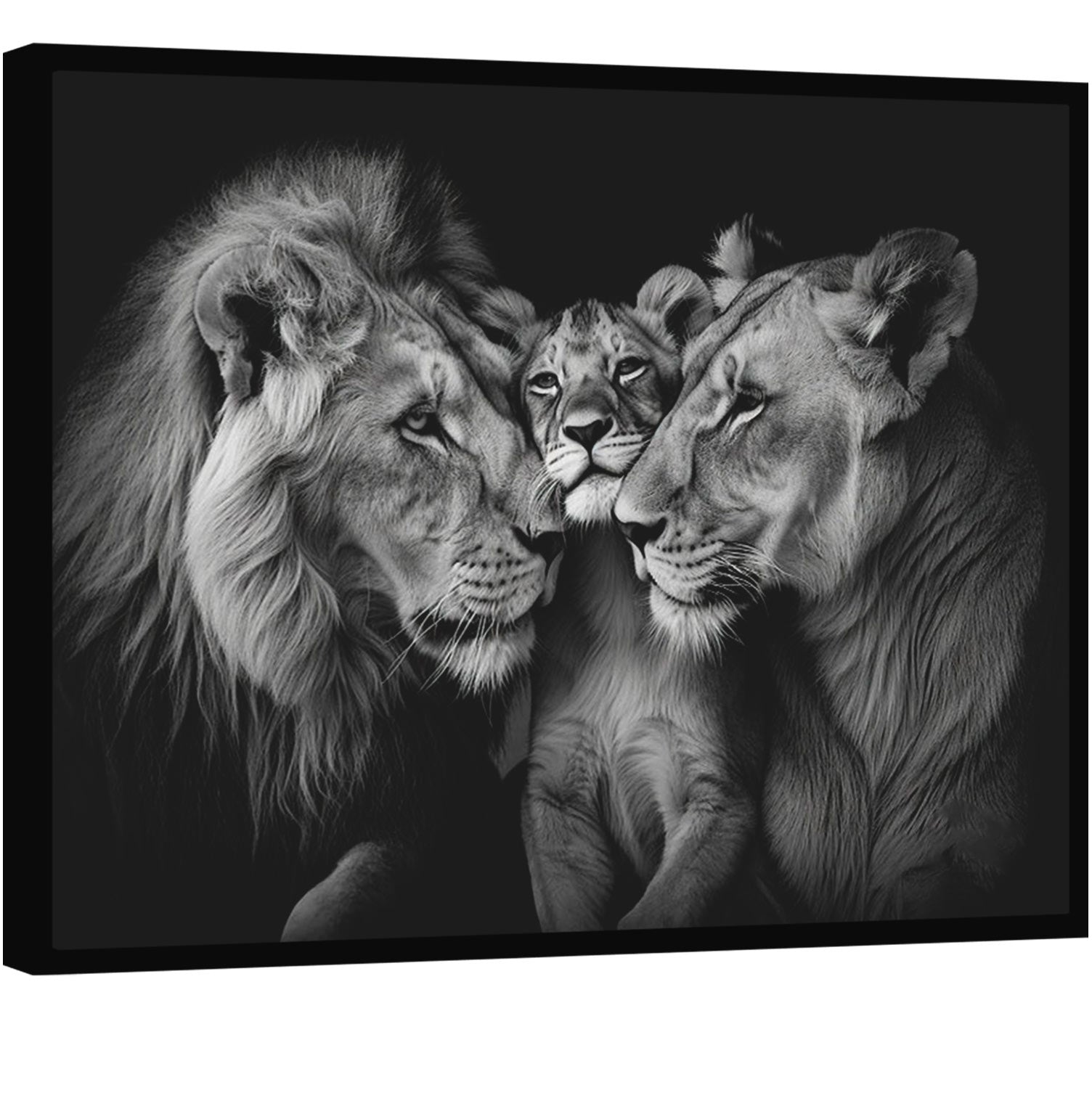 cozy-lion-family-black-and-white-canvas-print