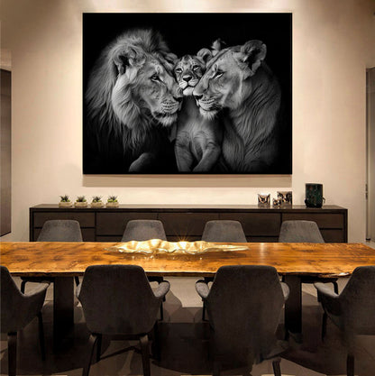 cozy-lion-family-black-and-white-canvas-print