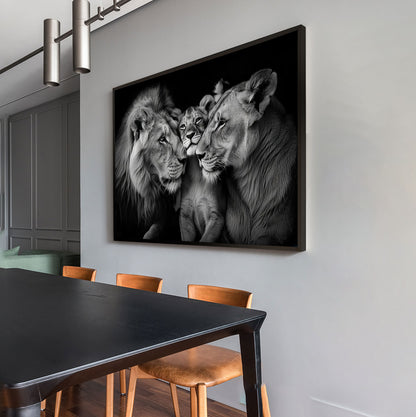 cozy-lion-family-black-and-white-canvas-print