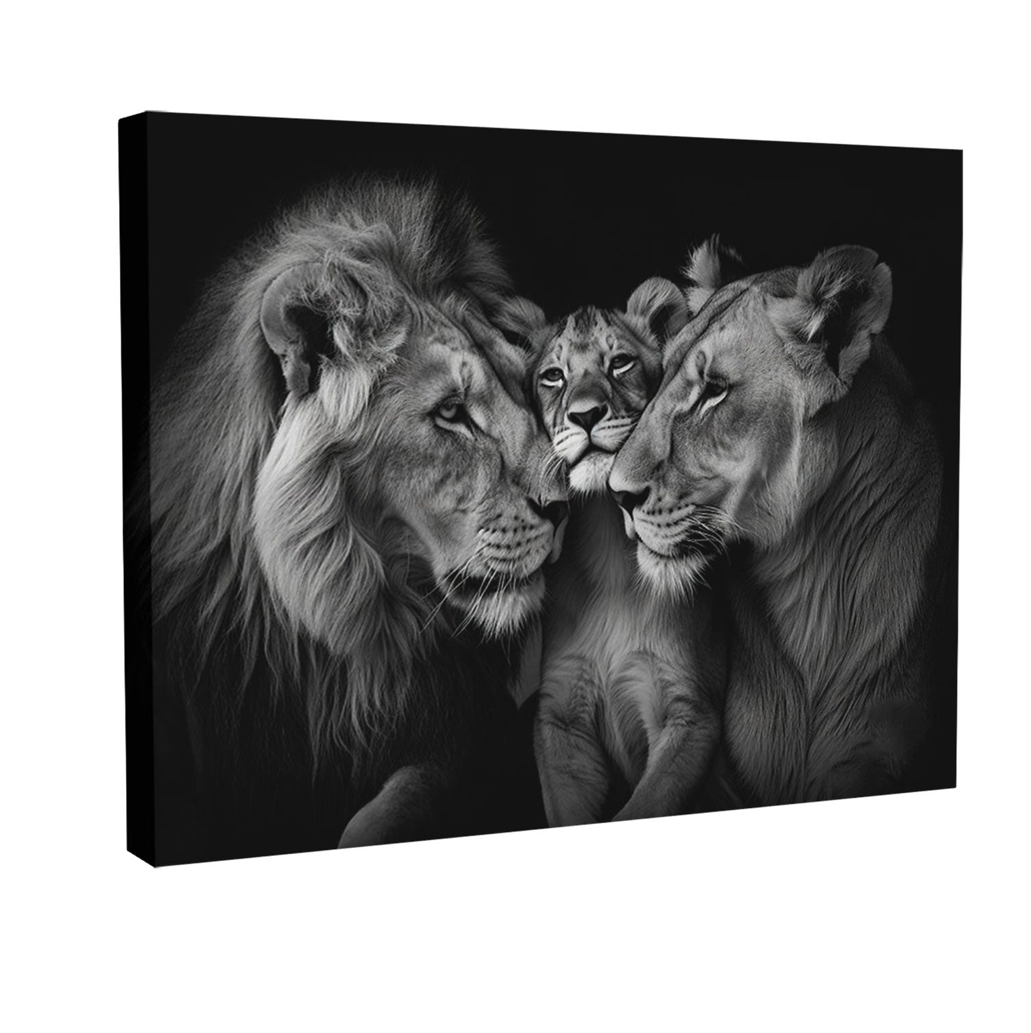 cozy-lion-family-black-and-white-canvas-print