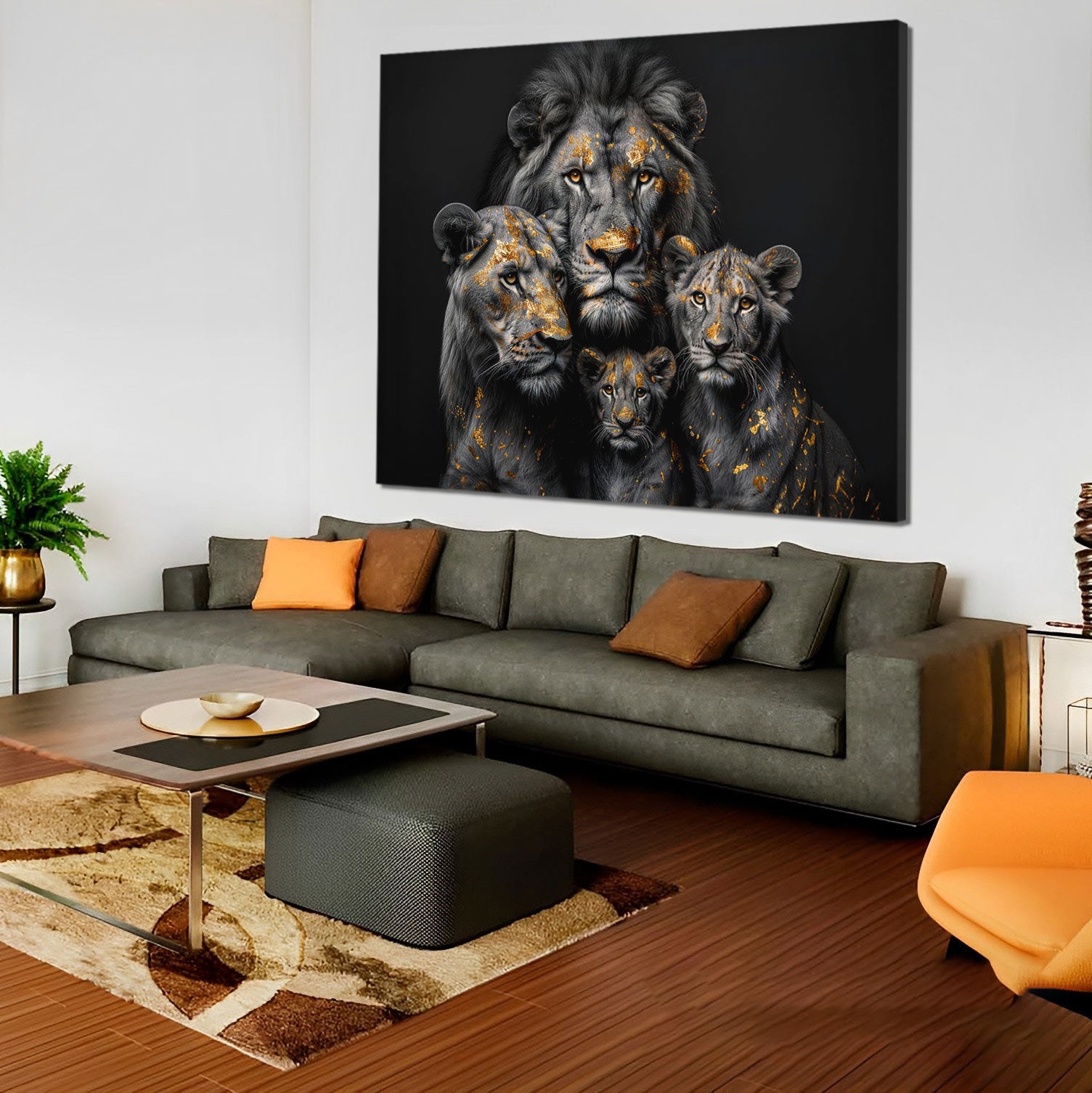 golden-leaf-lion-family-abstract-painting