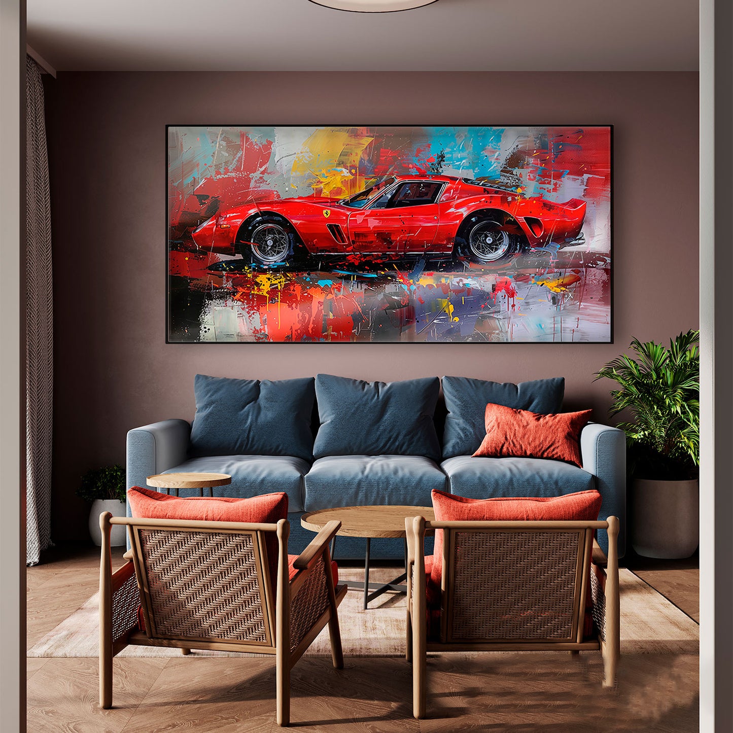 Scarlet Red Ferrari Abstract Painting Luxury Automotive Wall Art