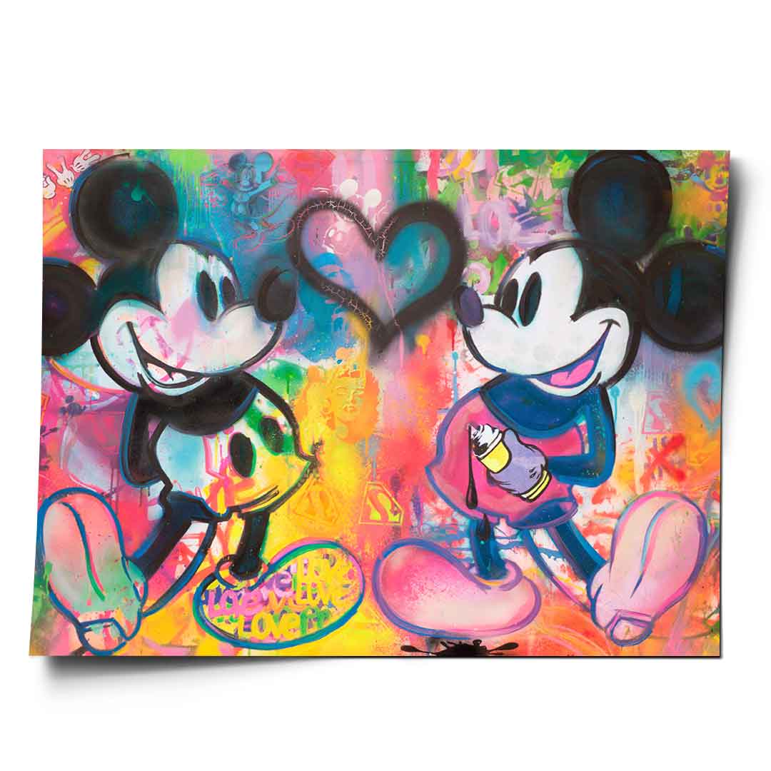 Two Mickey Mouse figures in bold pop art graffiti with a spray-painted heart between them