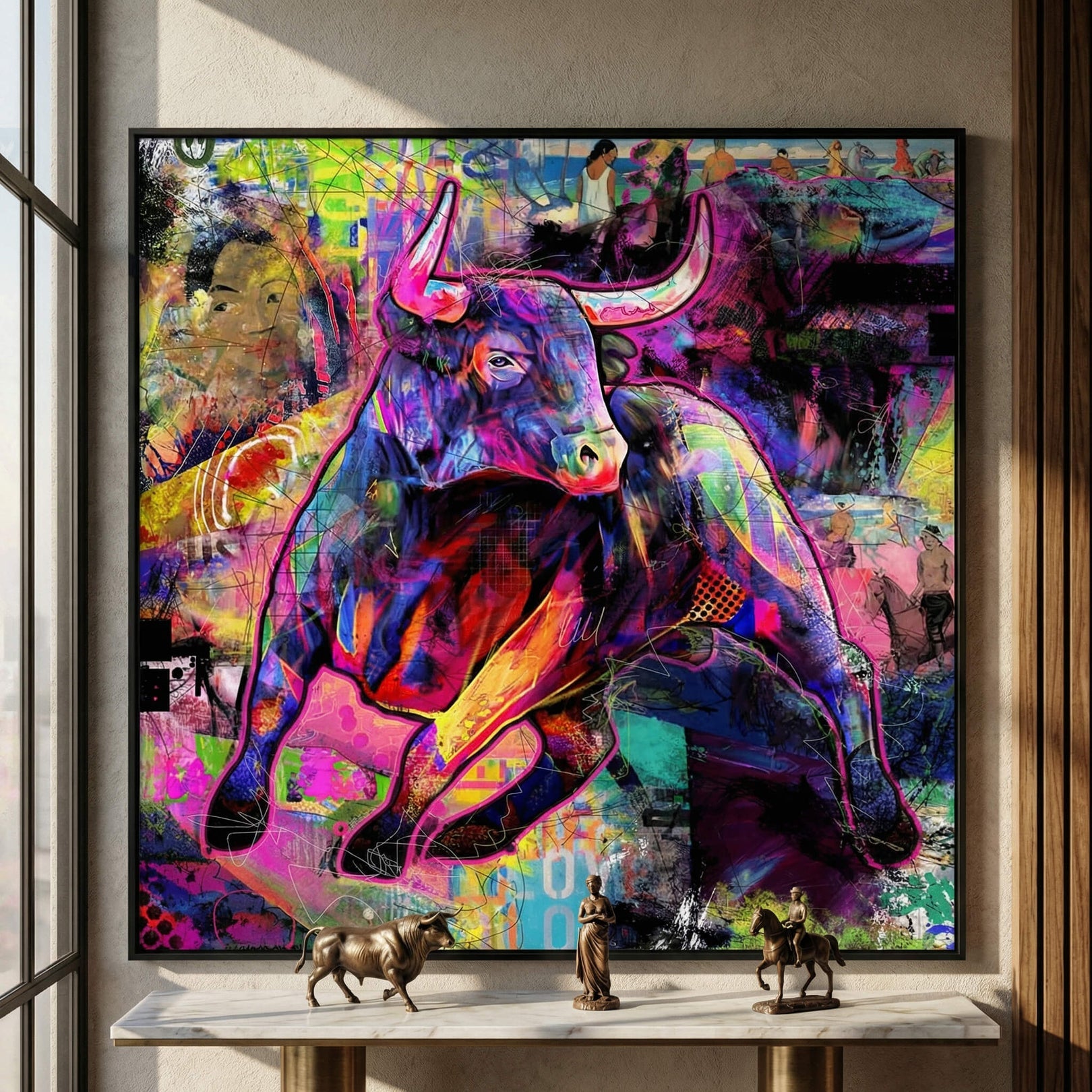 Close-up detail of graffiti-inspired textures and bold color blocks on the bull artwork.