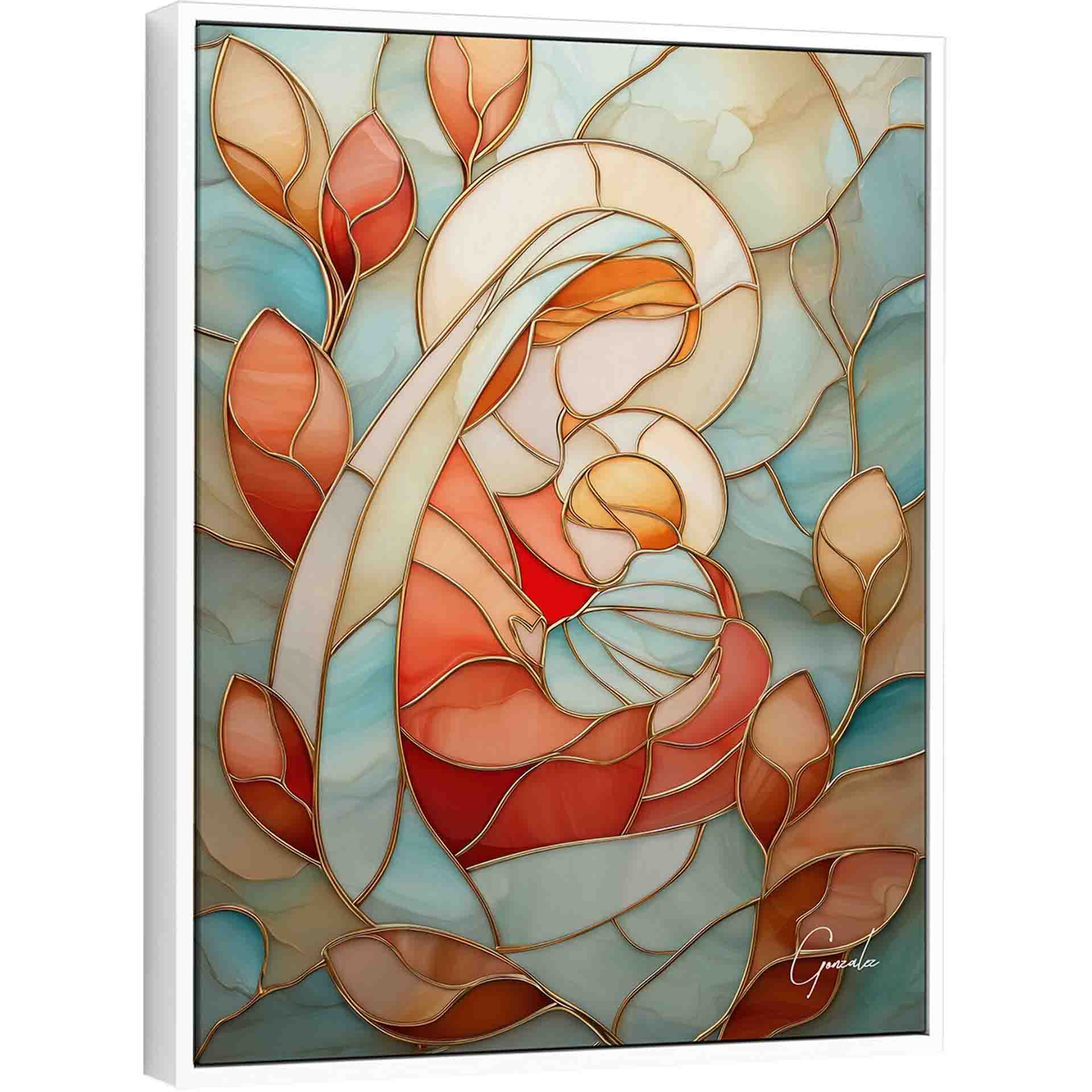 Madonna and Child depicted in modern stained-glass style with gold outlines