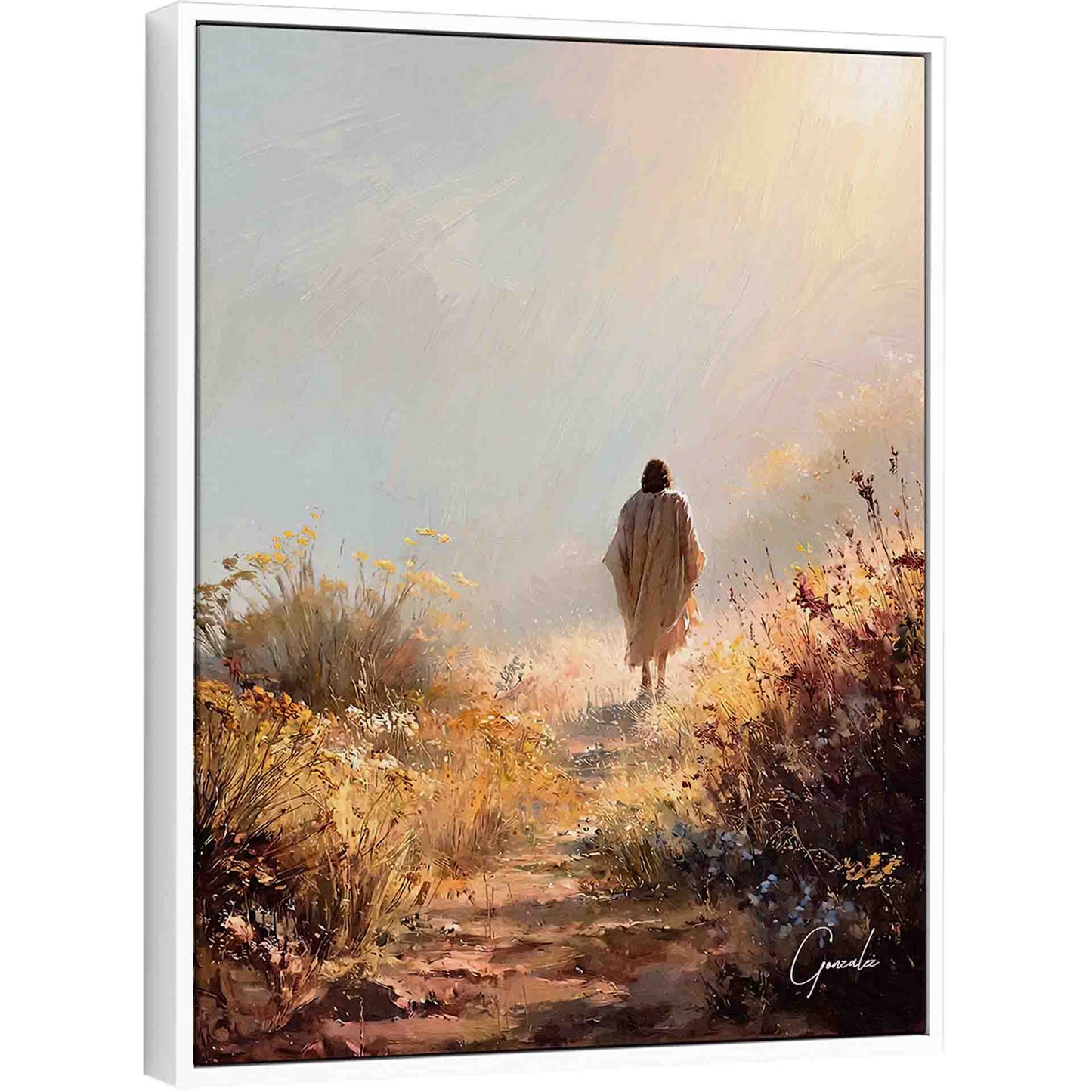 Impressionistic scene of a lone robed figure on a winding path through a field of wildflowers toward a radiant light.
