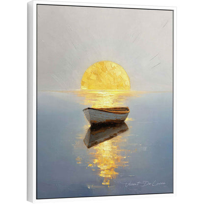 Textured yellow sun over calm blue-grey water in Serenity of the Horizon painting
