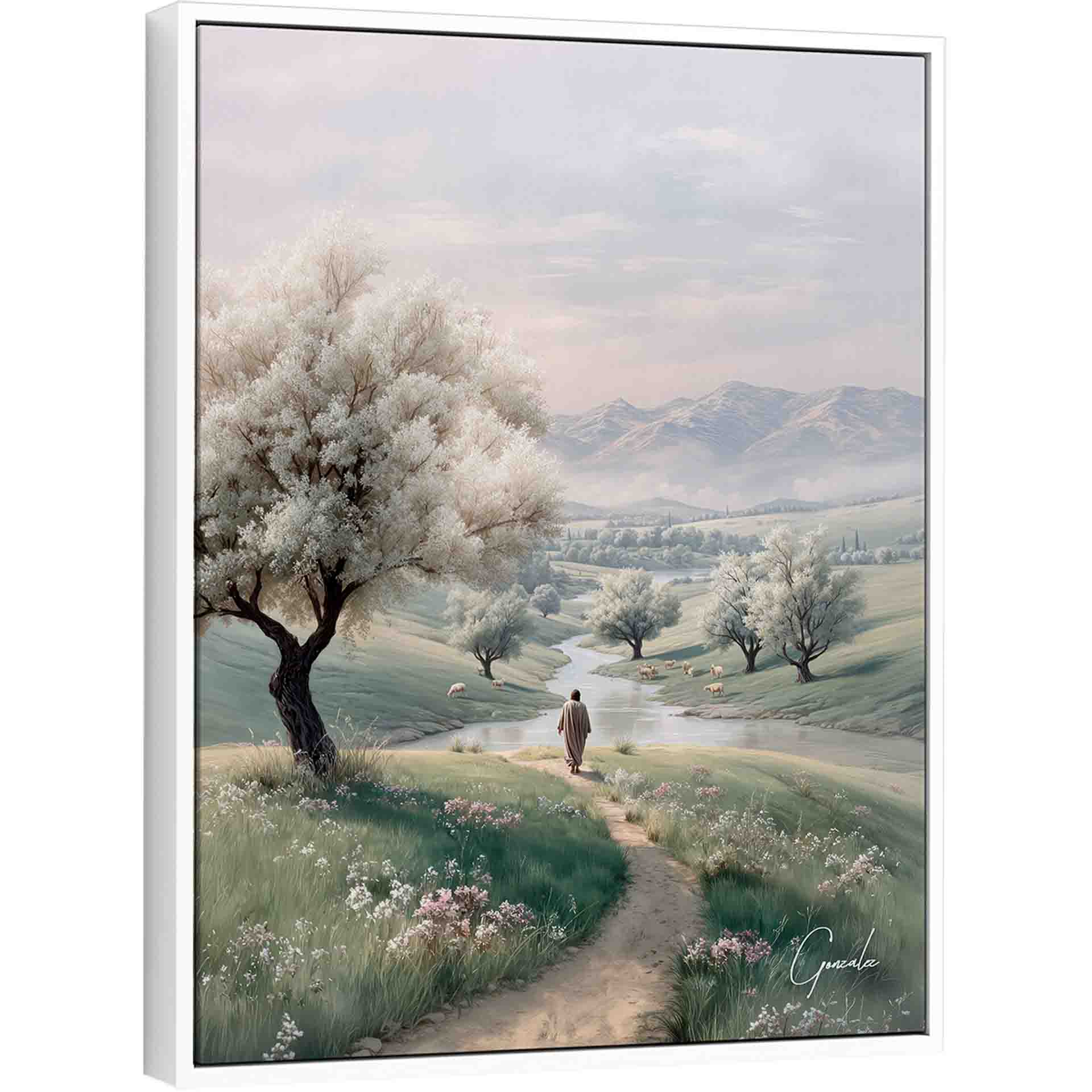 Lone shepherd walking along a winding riverside path