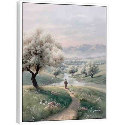 Lone shepherd walking along a winding riverside path