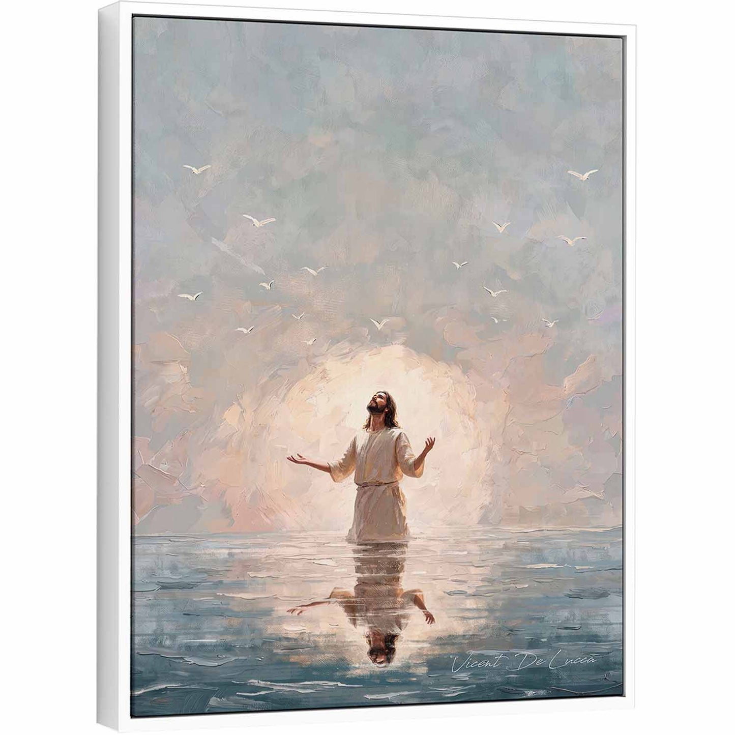 Christ stands in serene water with outstretched arms, illuminated by radiant light, in a minimalist religious wall art piece.