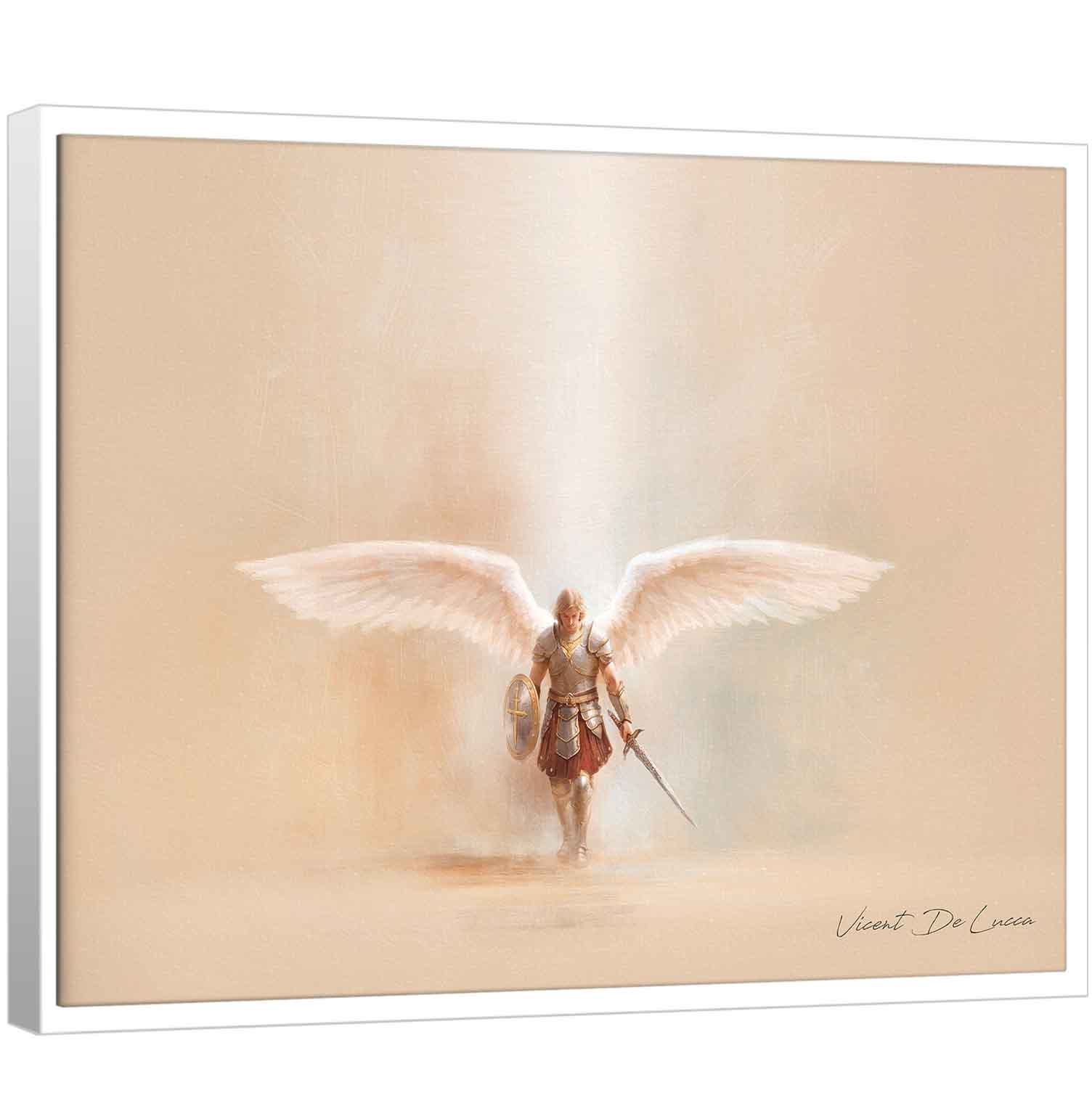 Saint Michael the Heavenly Defender painting features a majestic angel with golden and crimson armor and expansive white wings against a warm beige background.