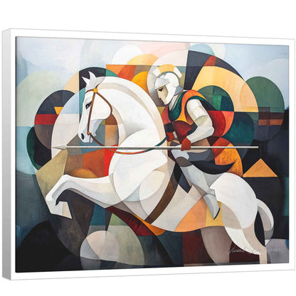 Abstract cubist painting of Saint George the Knight of Light on a white horse with segmented armor