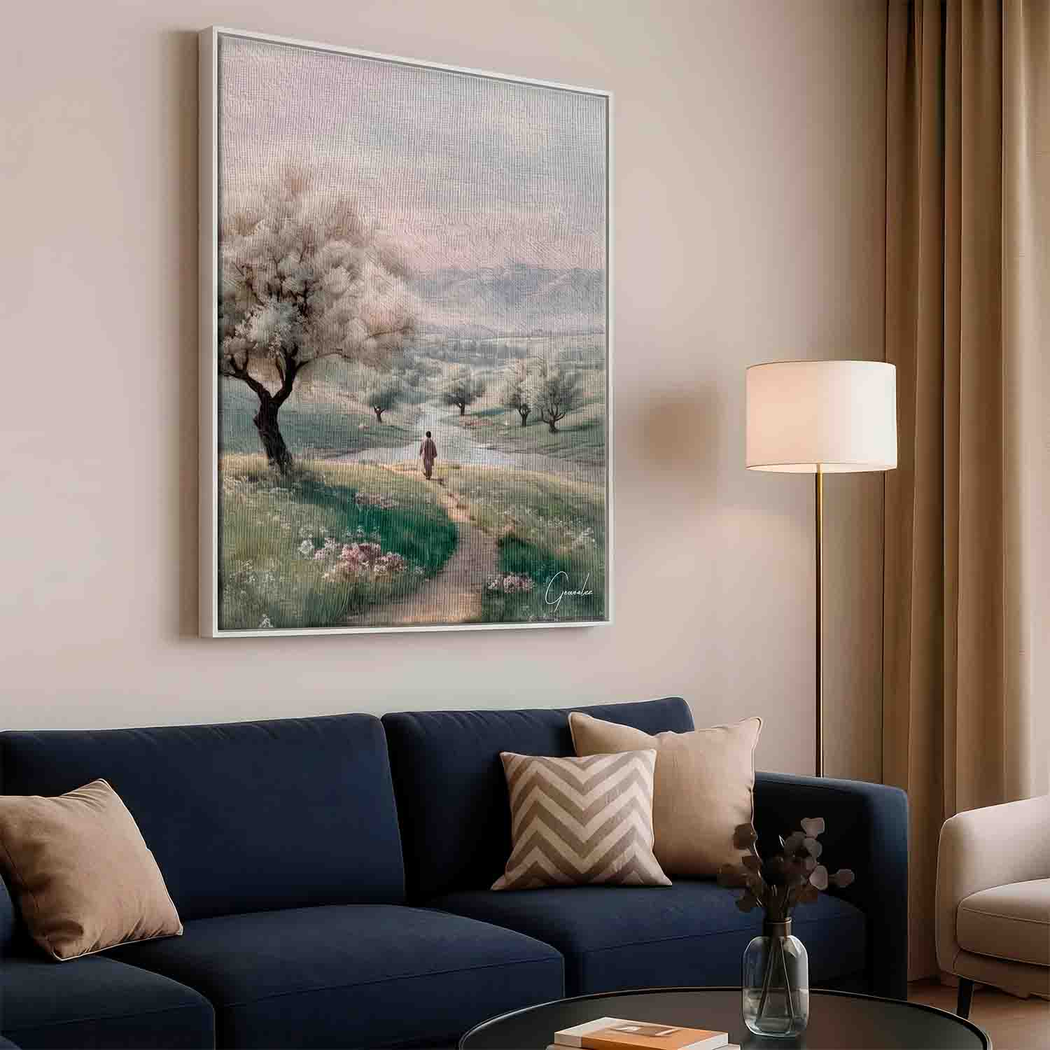 Realistic yet dreamlike painting with muted greens and blues