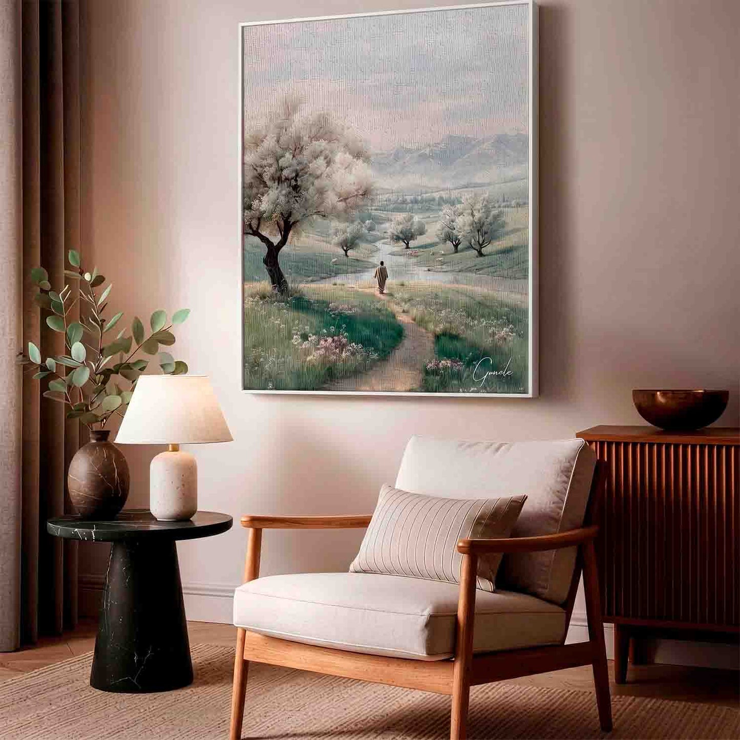 Distant hazy mountains under a soft sky in a peaceful scene