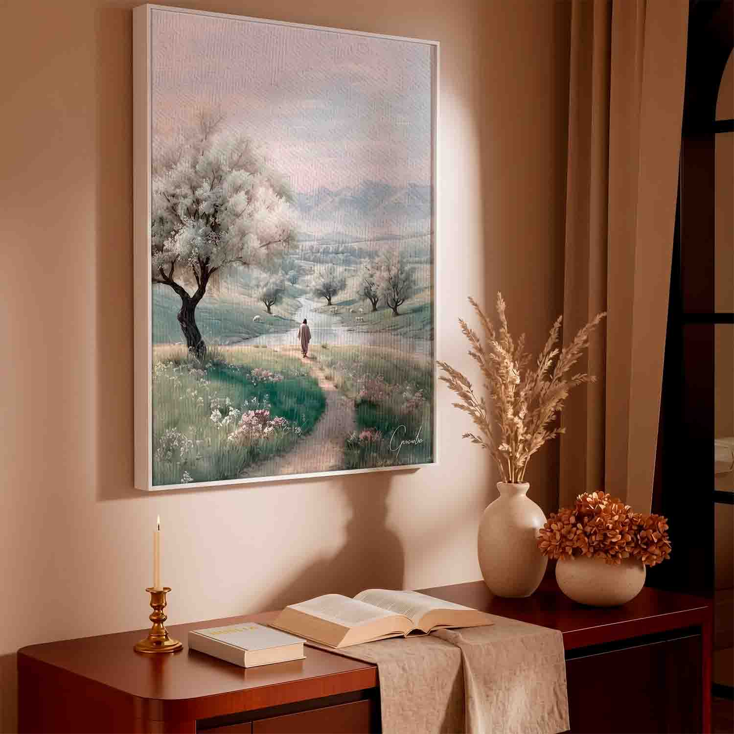 Grazing sheep in a tranquil pastoral landscape