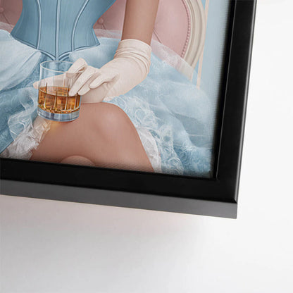 Living room decor piece with a confident female portrait in blues, creams, and pinks.