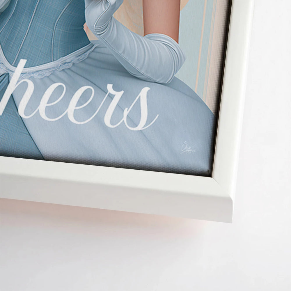 Edgy wall art of a glamorous woman ready to toast in a retro pop art style.