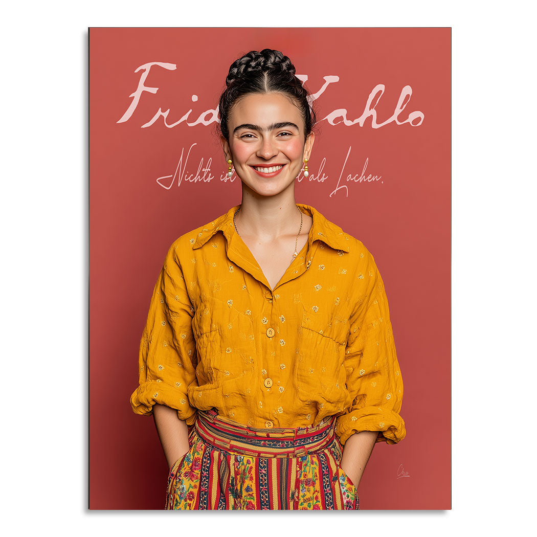 Frida-inspired laughter canvas portrait with braided hair and an unibrow against a warm terracotta backdrop