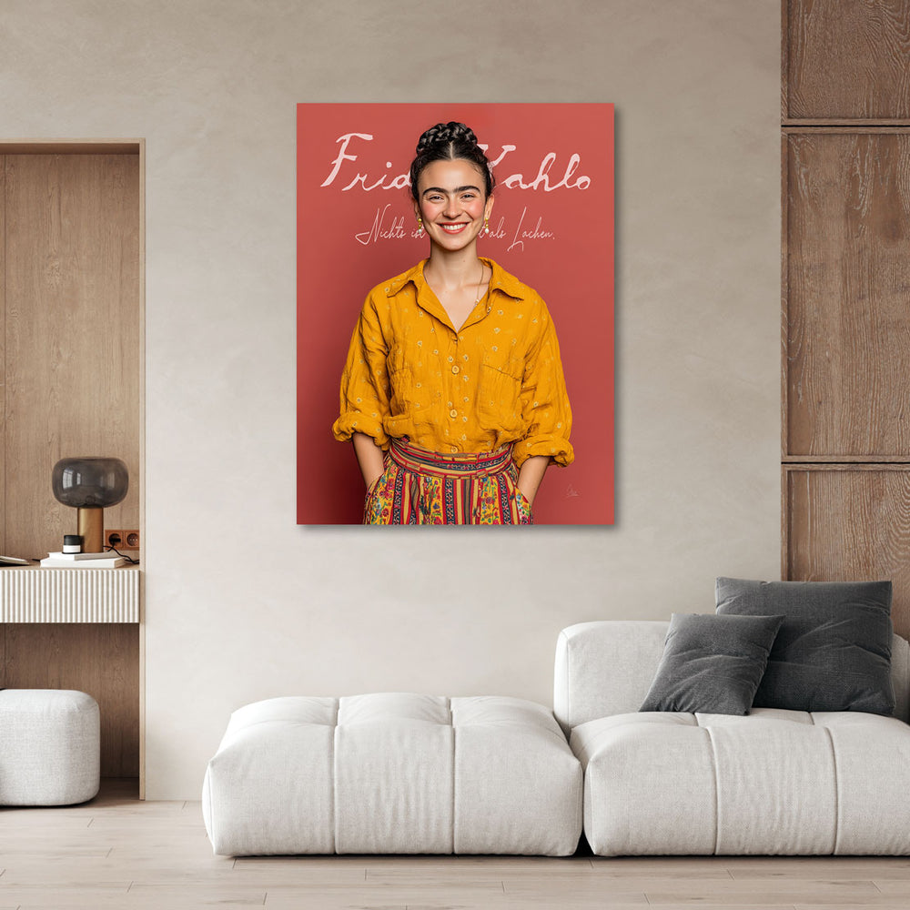 Mustard yellow textured shirt and colorful skirt in bohemian wall art scene