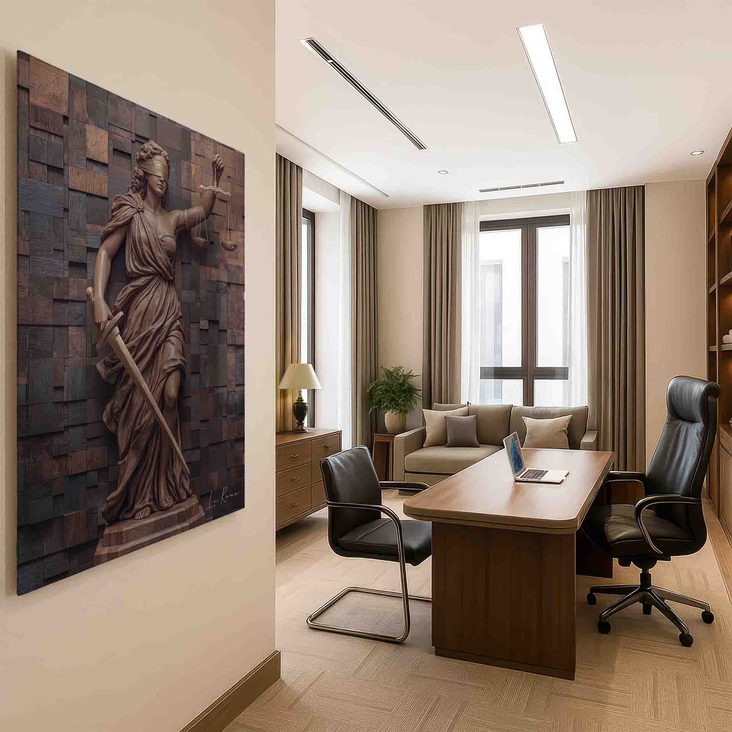 Sculptural wall decor with classical influences and modern wooden material.