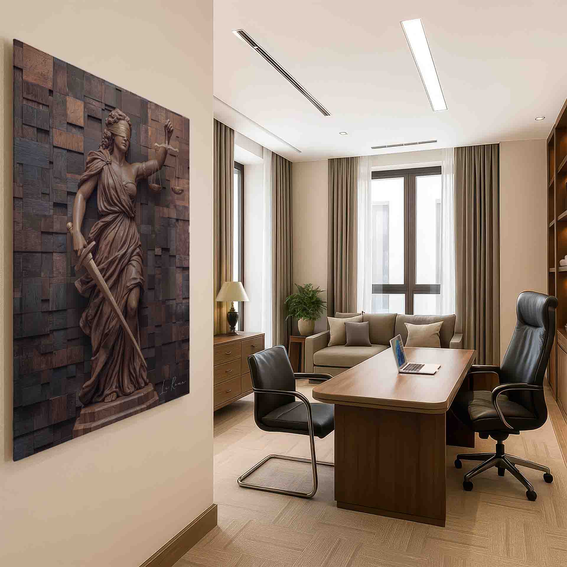 Sculptural wall decor with classical influences and modern wooden material.