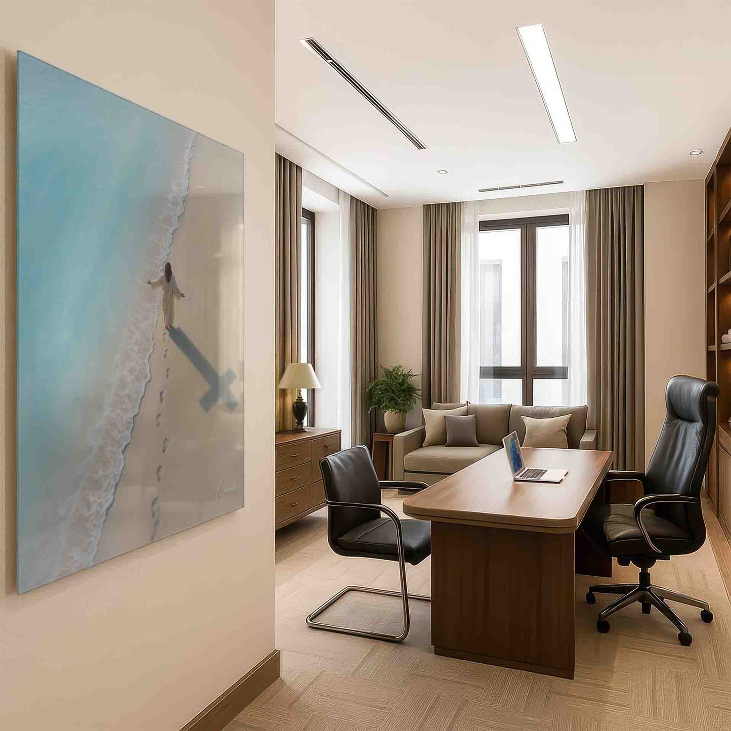 Blues, whites, and earthy tones characterize this religious wall art.