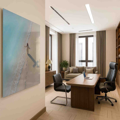 Blues, whites, and earthy tones characterize this religious wall art.