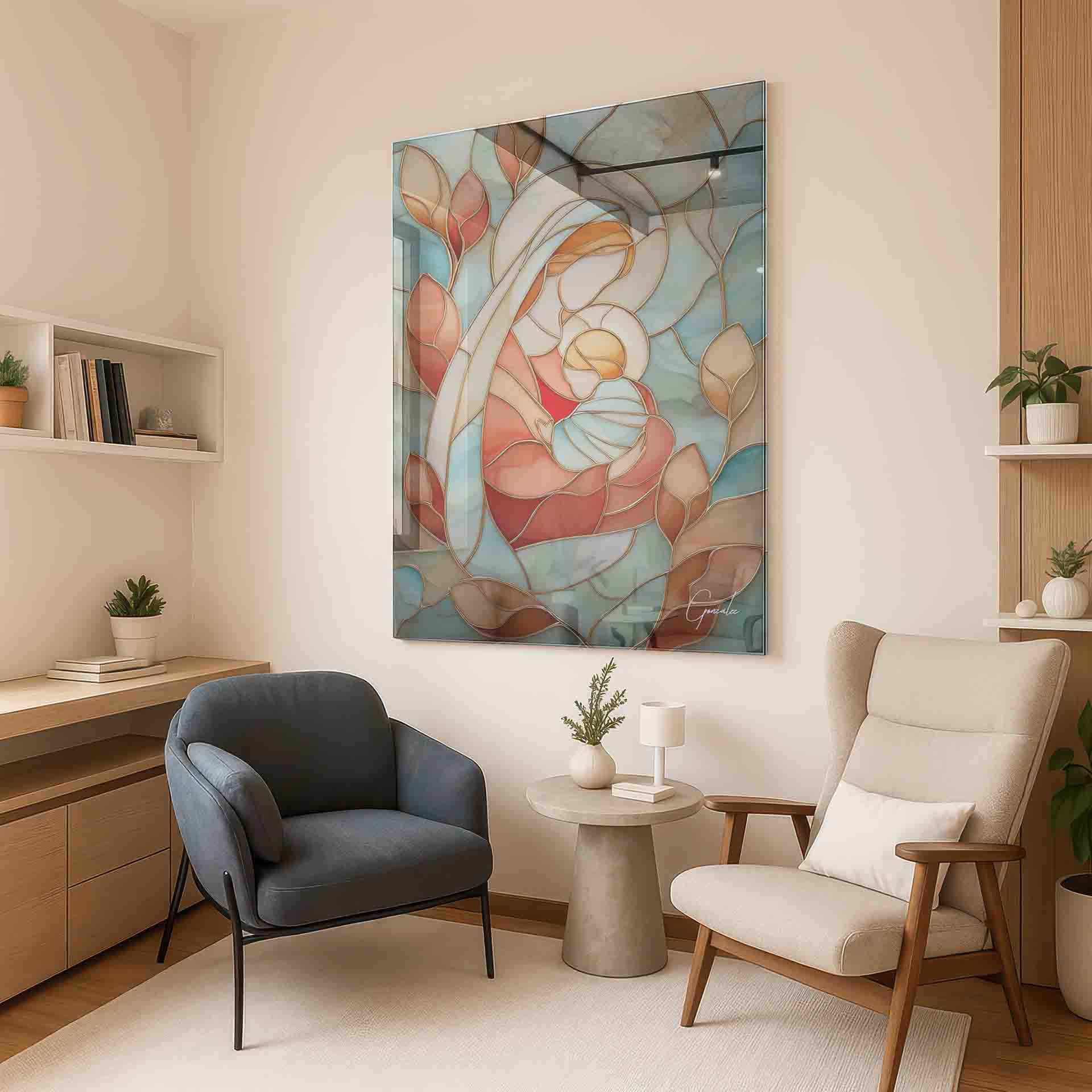 Vitrart Sacred Ribbon Painting featuring warm coral and blue hues