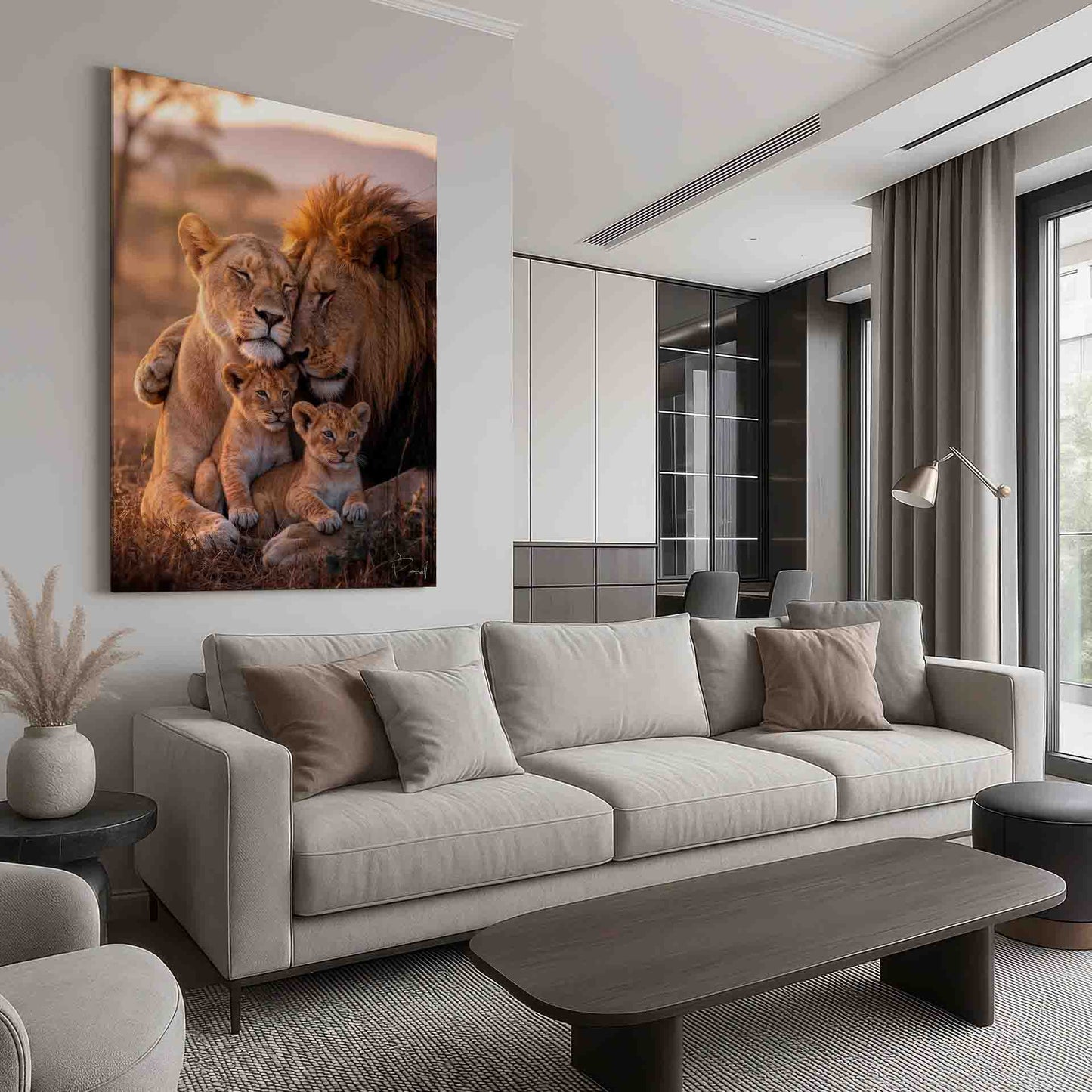 Intimate wildlife wall art showing bonding and protection among lions at sunset