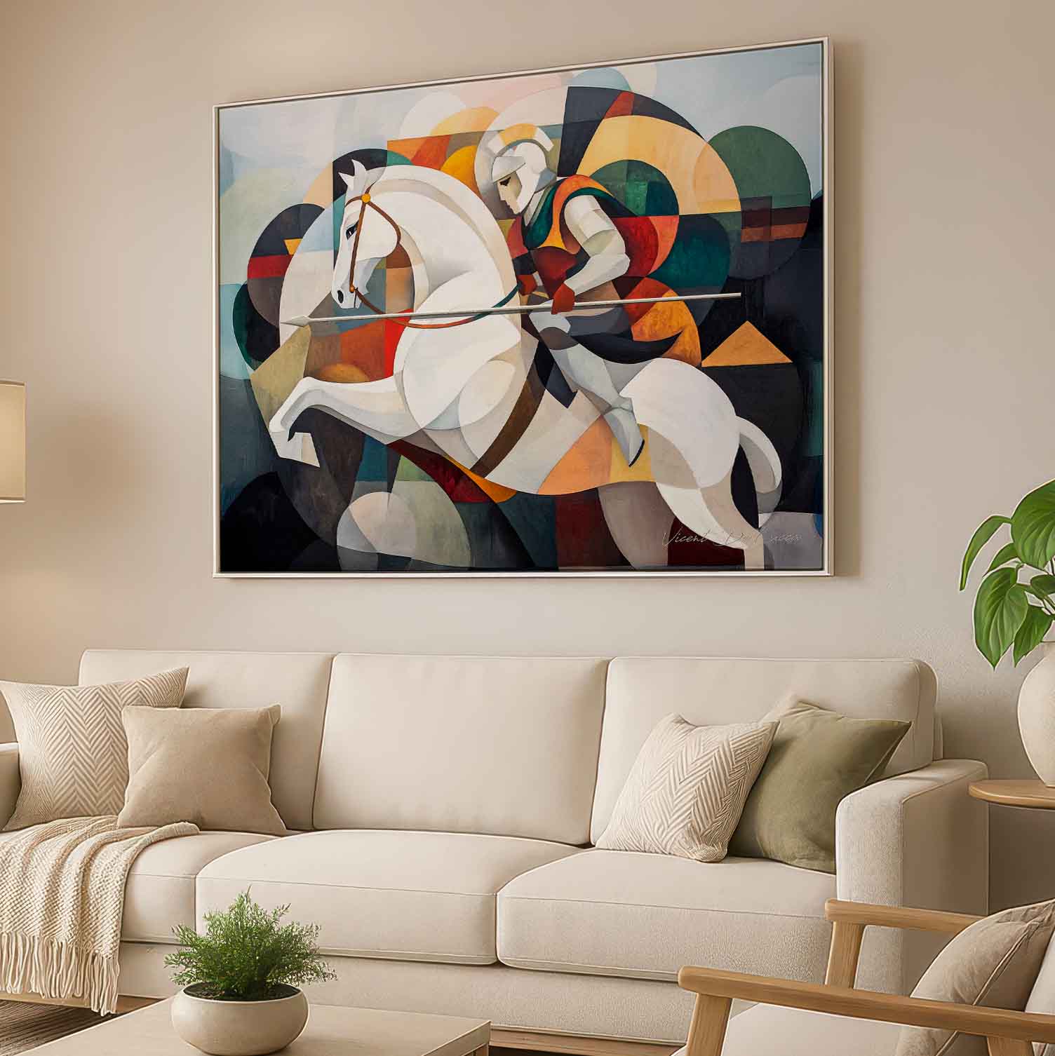 Knight of Light charging forward on horseback in contemporary cubist style