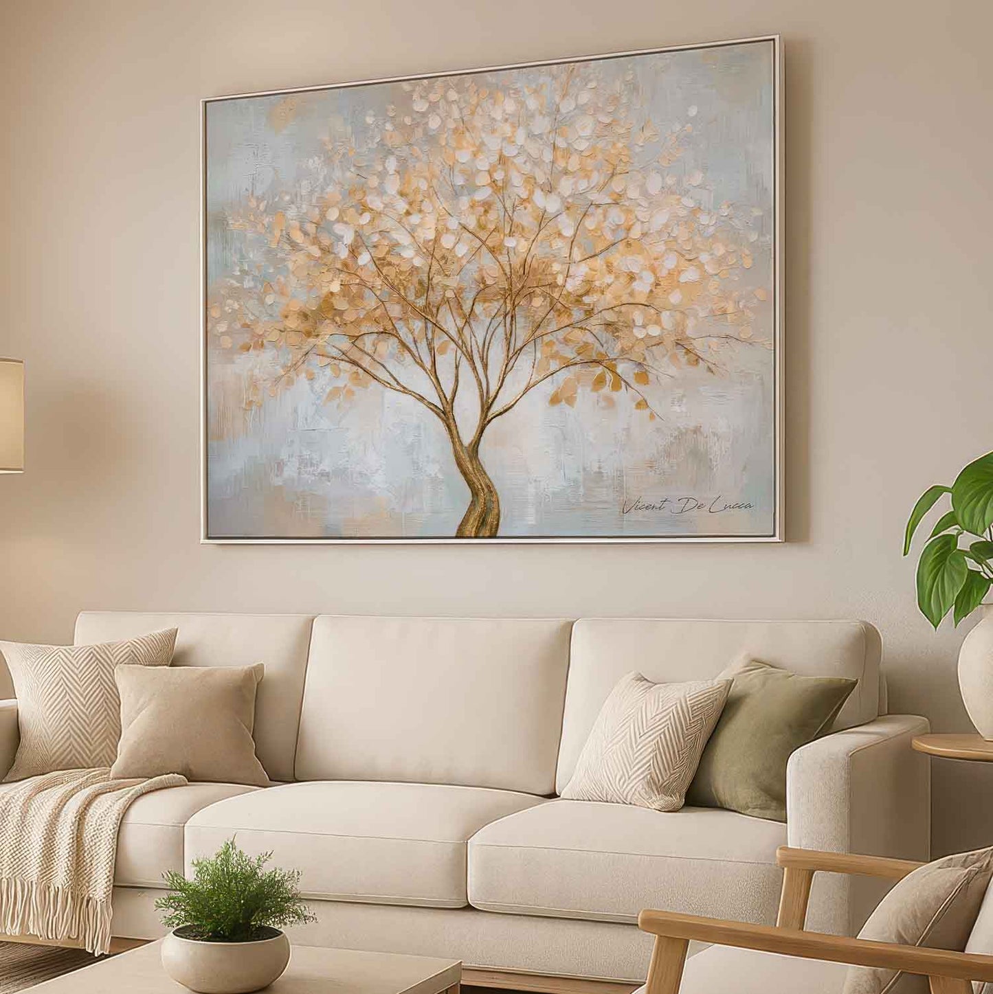 Close-up of textured impasto leaves on a calm neutral background