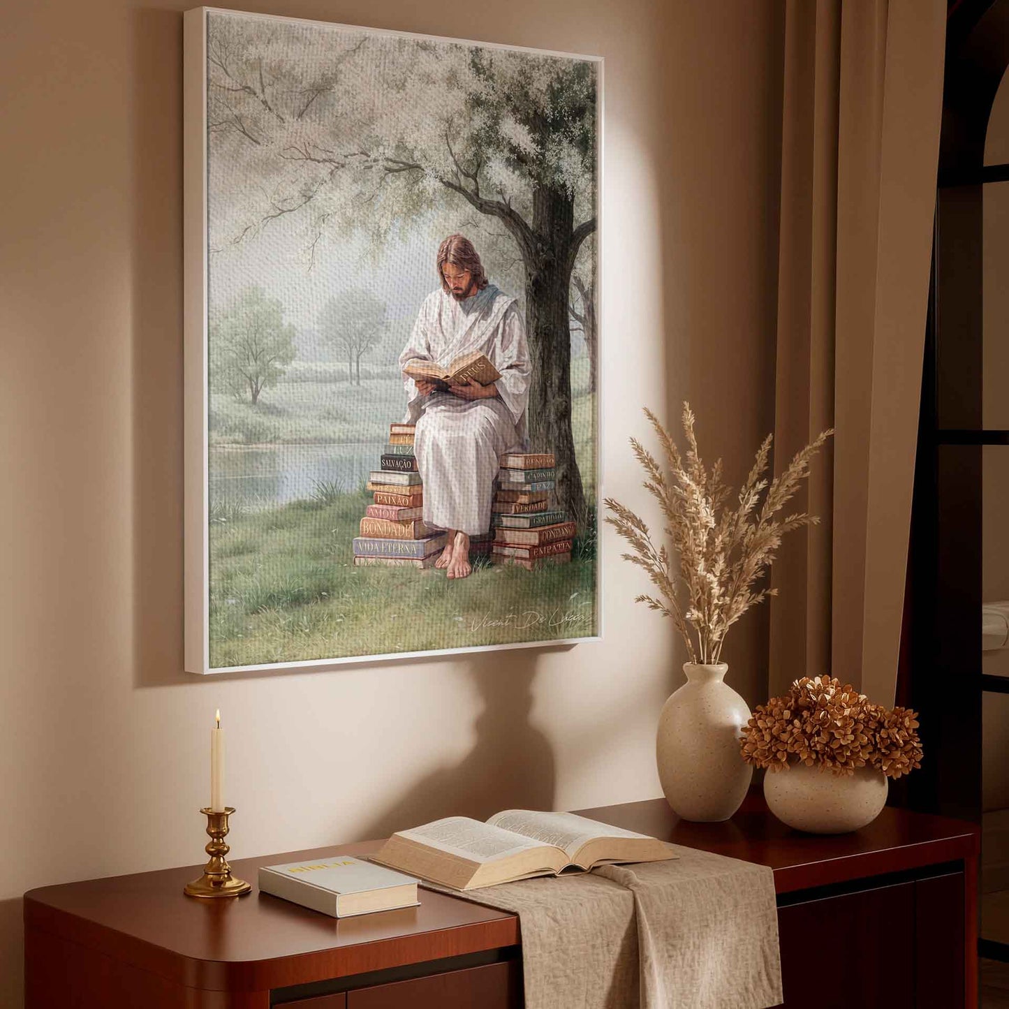 Jesus reading the book labeled God in a tranquil landscape