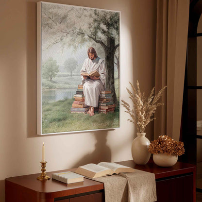 Jesus reading the book labeled God in a tranquil landscape