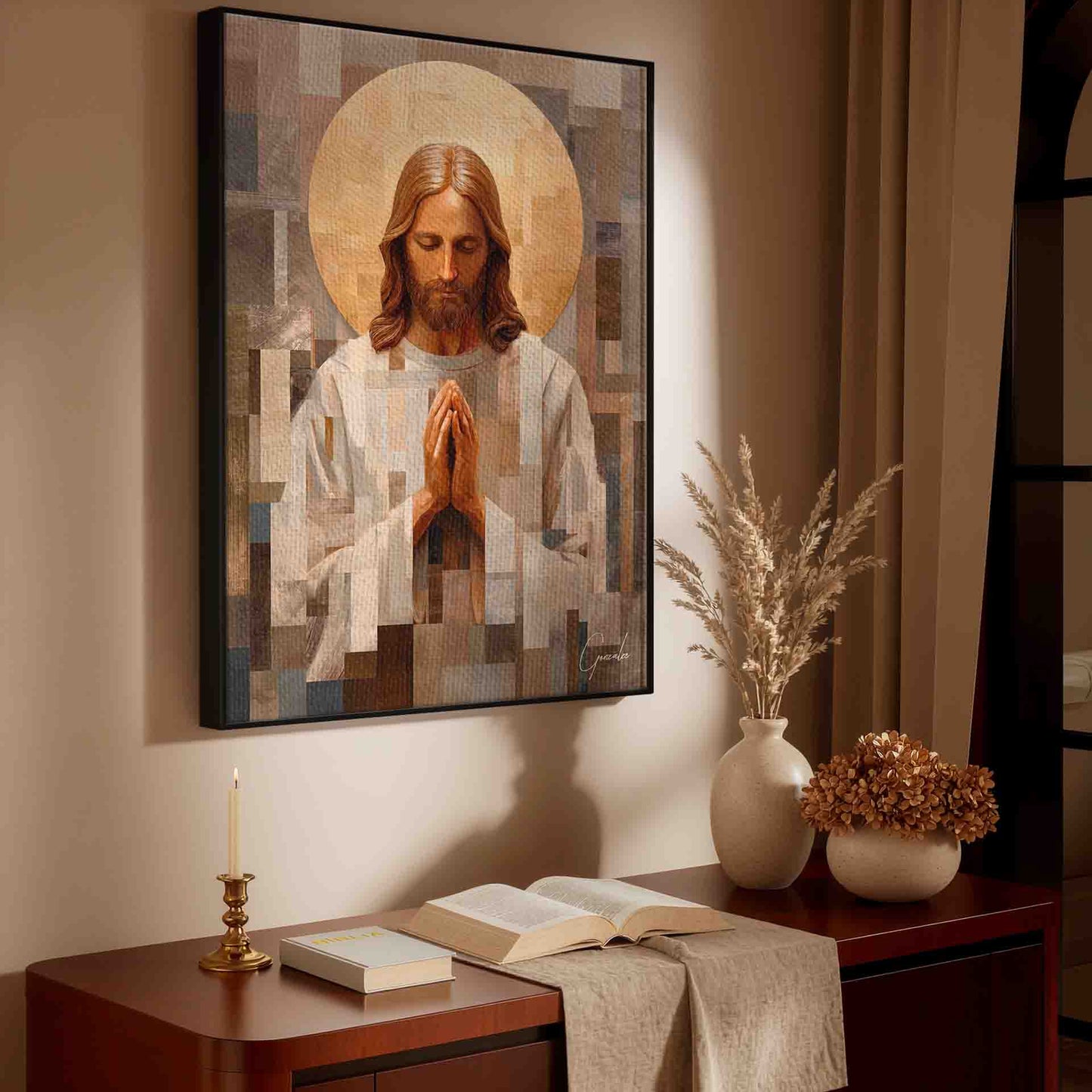 Central Jesus face and praying hands with a golden halo