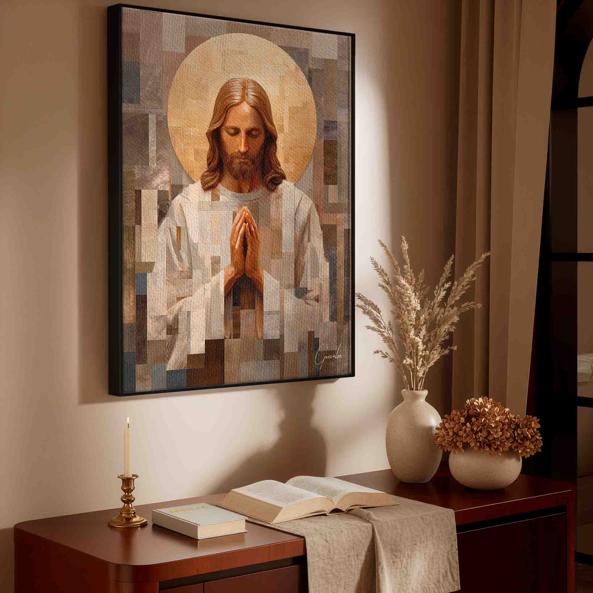 Central Jesus face and praying hands with a golden halo