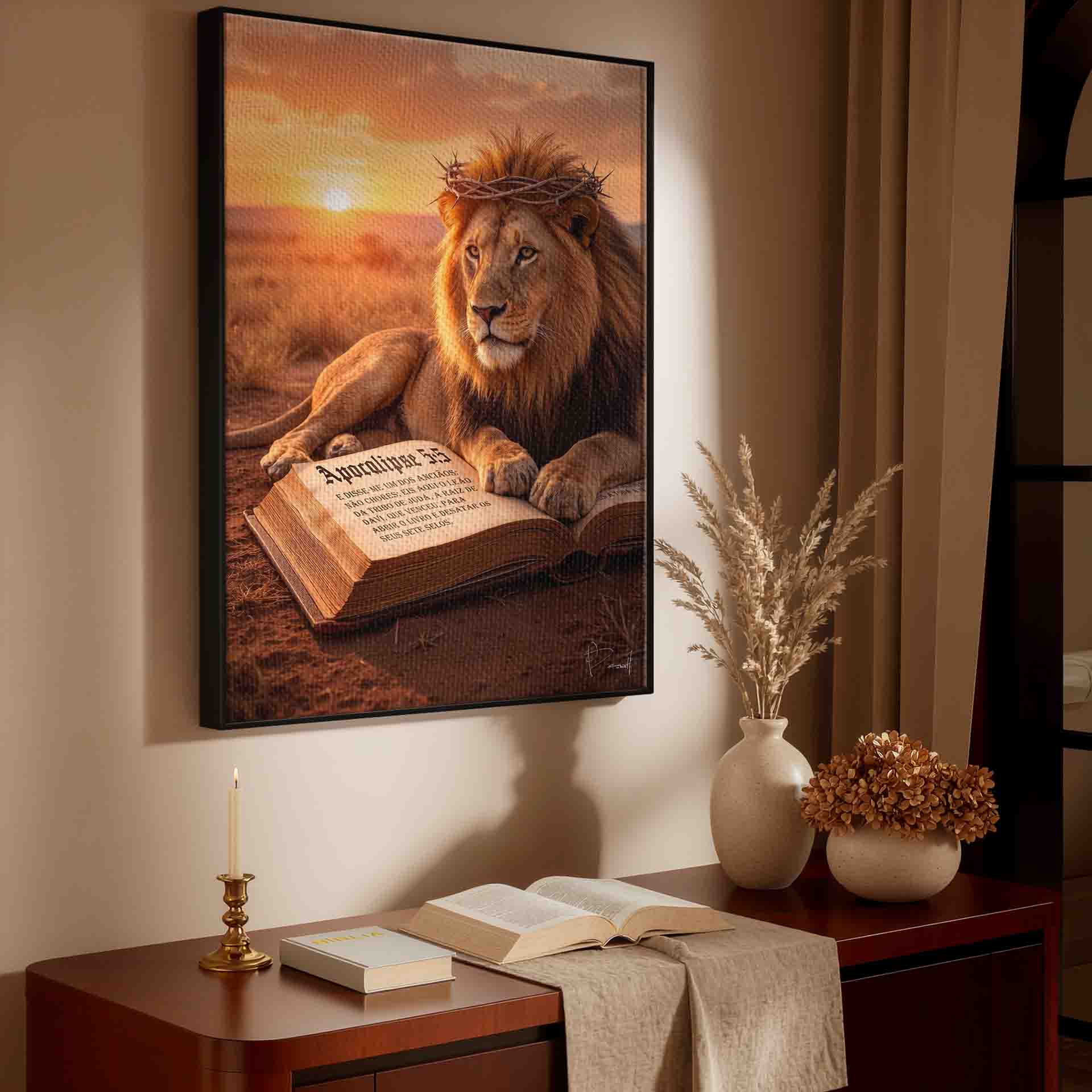 Warm golden tones of oranges, yellows, and browns dominate the scene with a tranquil, spiritual atmosphere