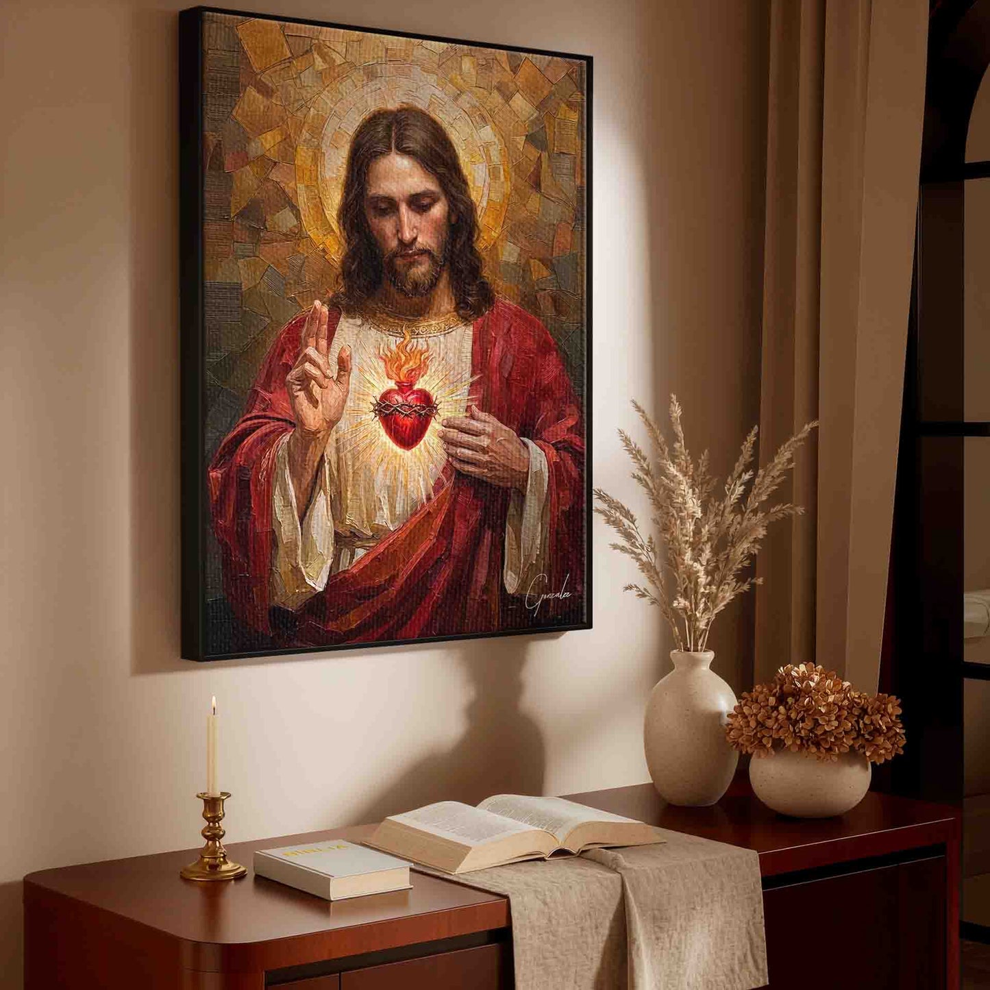 Gentle downward gaze and raised hand conveying reverence in a religious wall art painting.