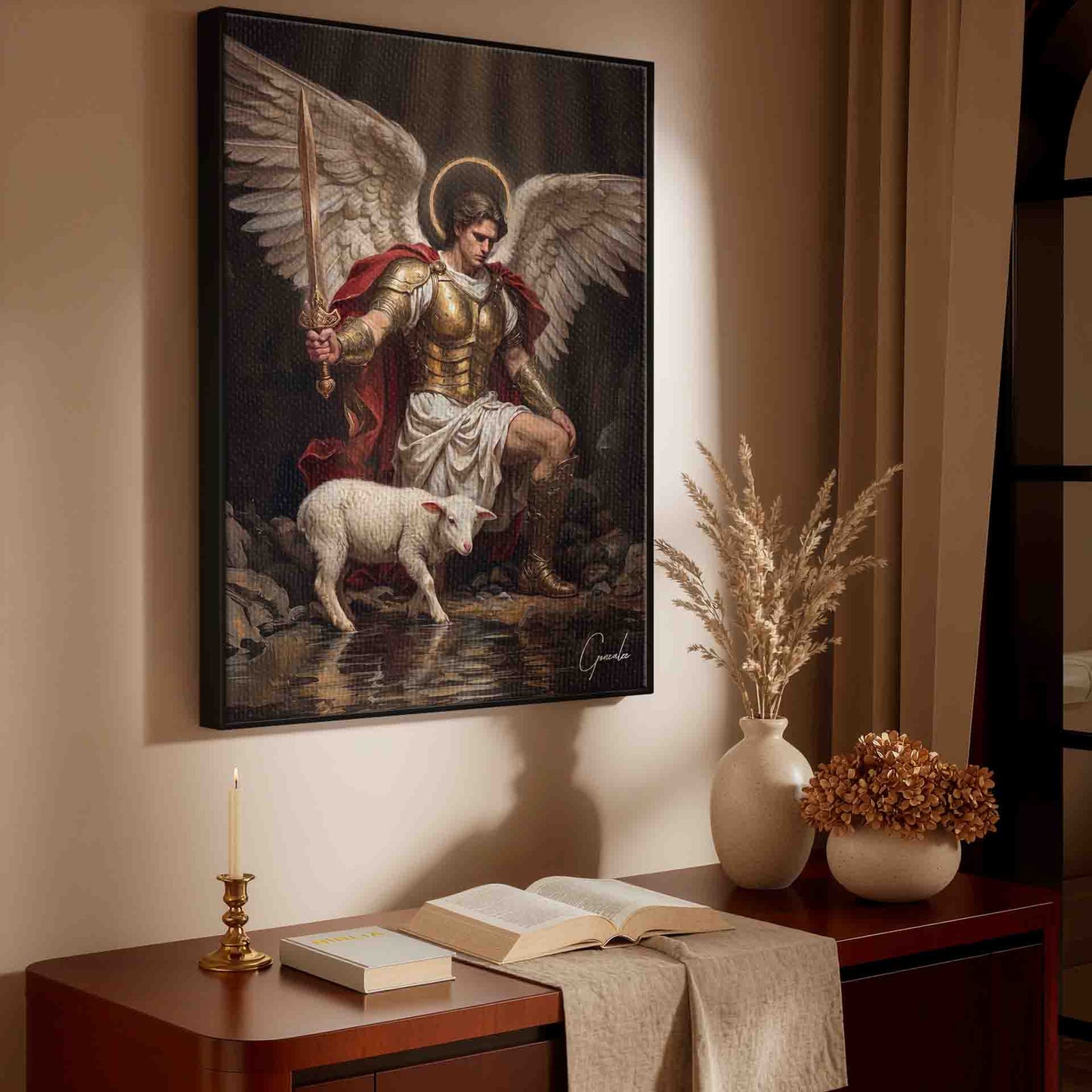 Powerful wings and flowing red cape frame the archangel against a dark backdrop.