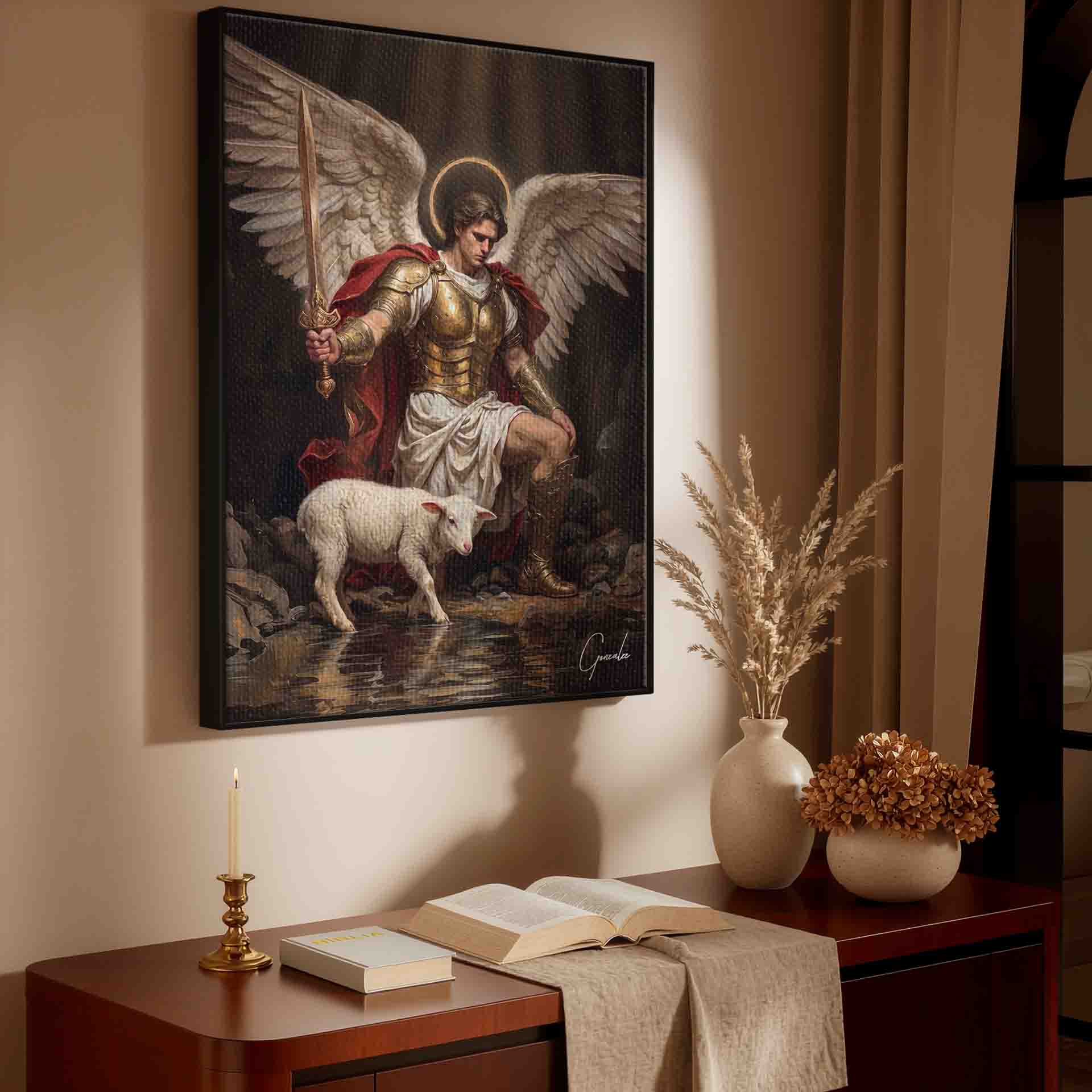 Powerful wings and flowing red cape frame the archangel against a dark backdrop.