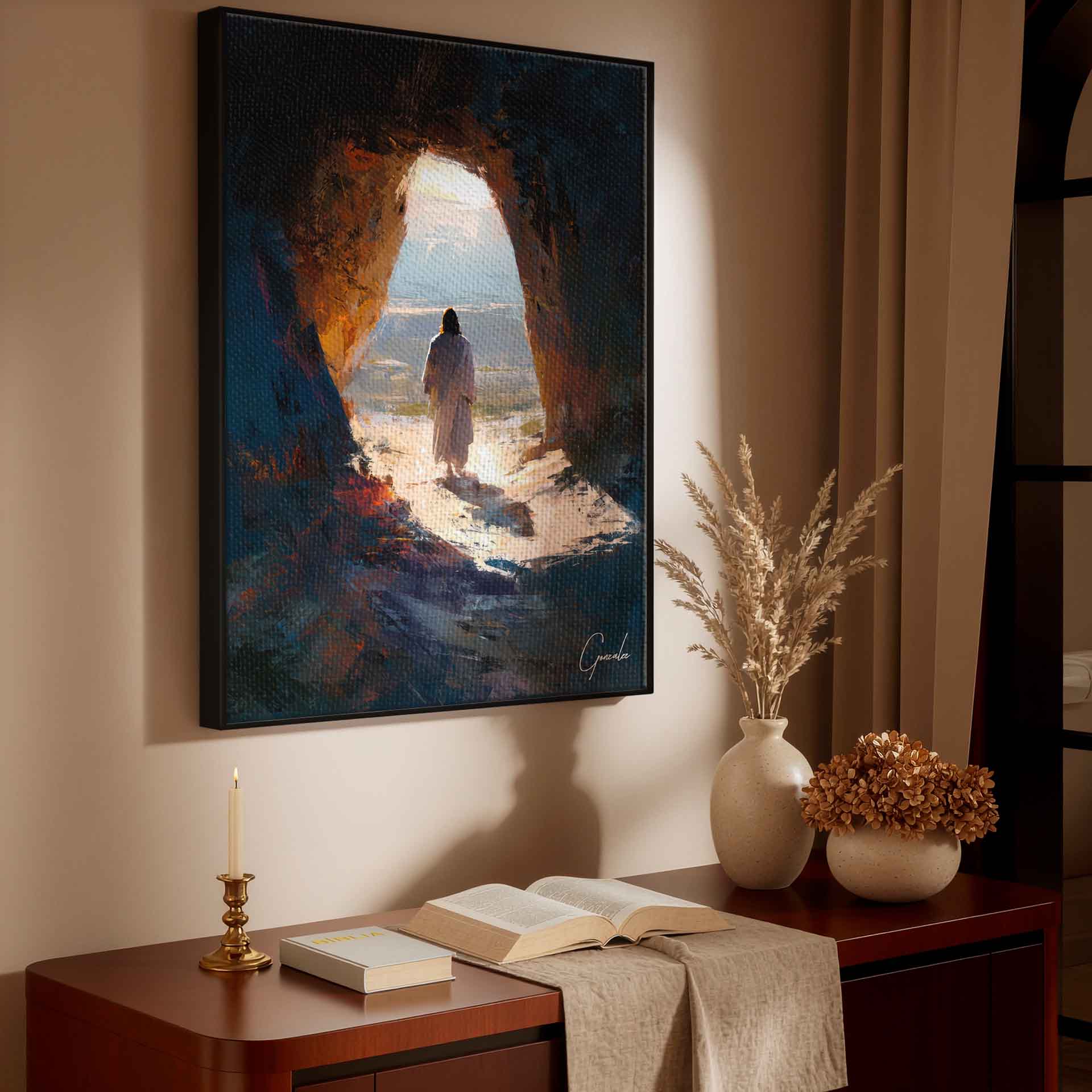 Close-up of bold brushstrokes in deep blues and blacks transitioning to a bright landscape.