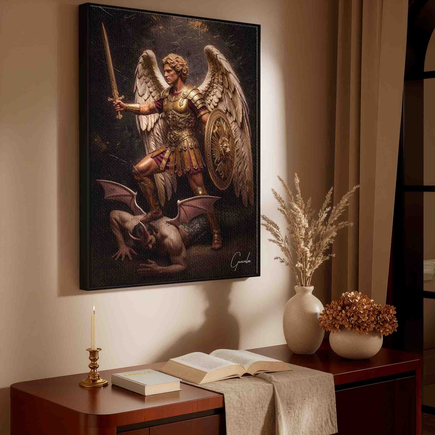 Religious wall art featuring Archangel Michael in Renaissance-Baroque style with golds and bronzes.