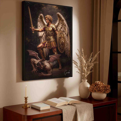 Religious wall art featuring Archangel Michael in Renaissance-Baroque style with golds and bronzes.
