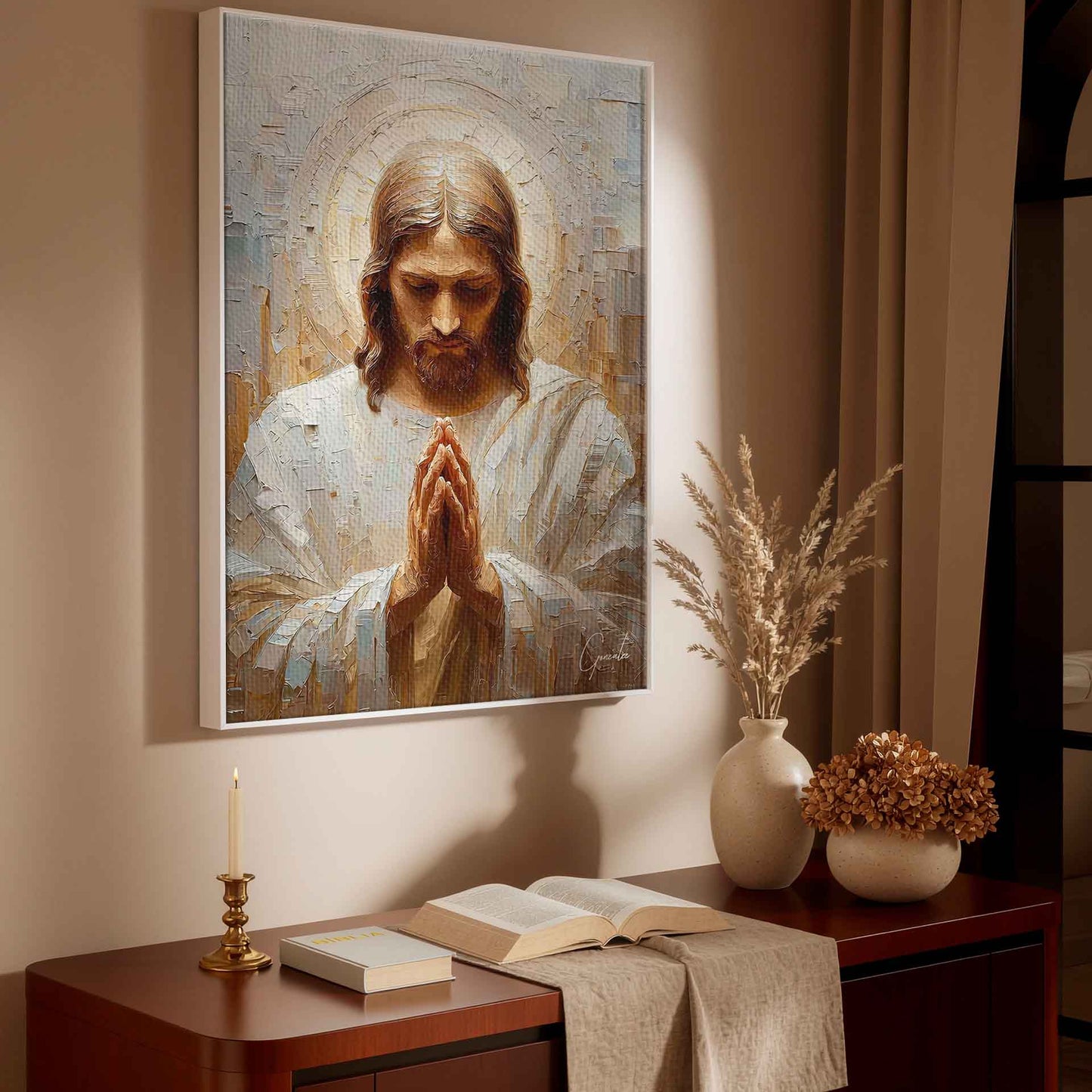 Minimalist-friendly religious decor featuring a reverent focal point