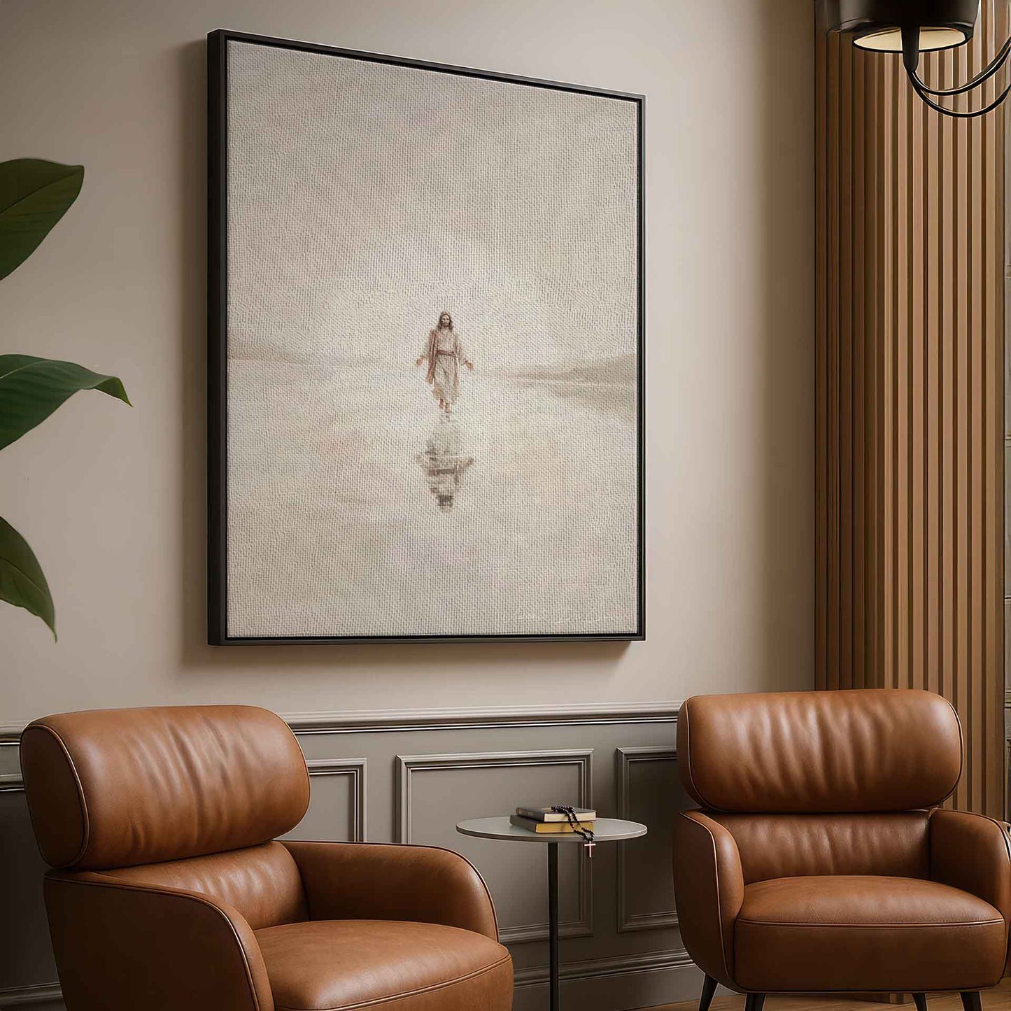 Impressionistic wall art featuring a serene Christ figure over tranquil, reflective water.
