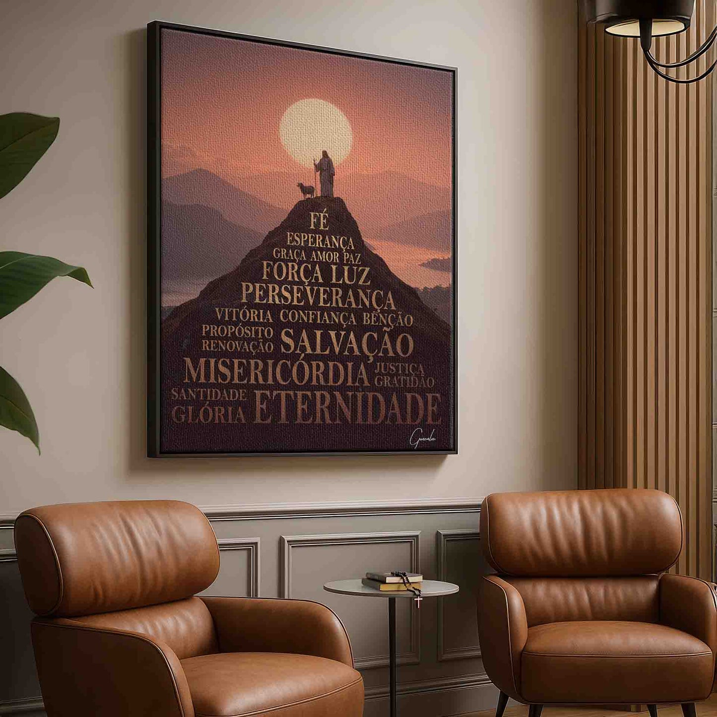 Mountain formed by Faith, Hope, Love, and Salvation in orange and gold