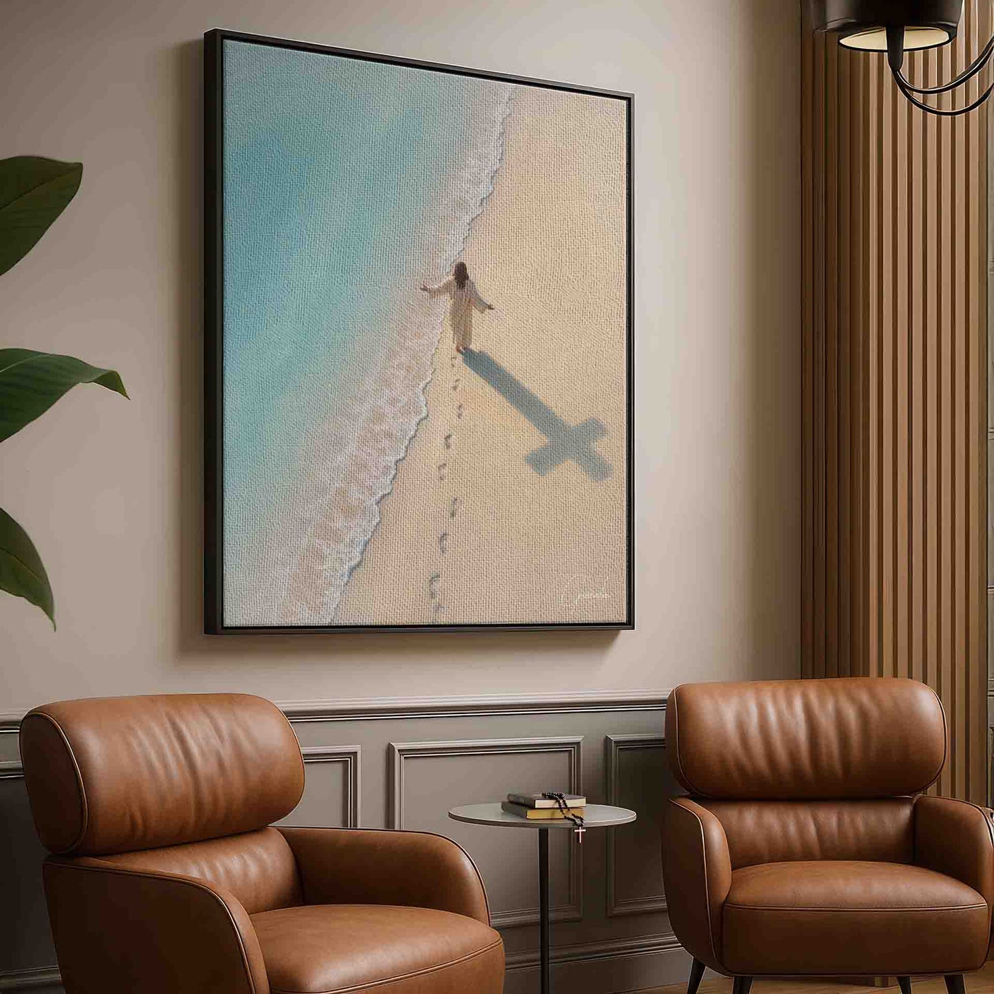 High-angle view capturing a peaceful religious coastal scene.