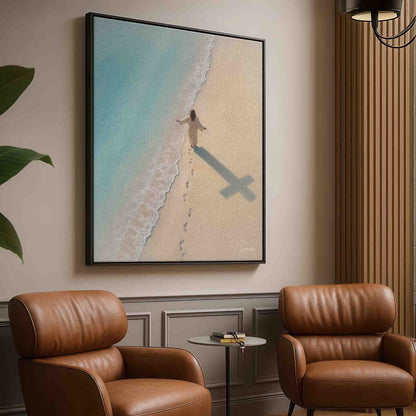 High-angle view capturing a peaceful religious coastal scene.