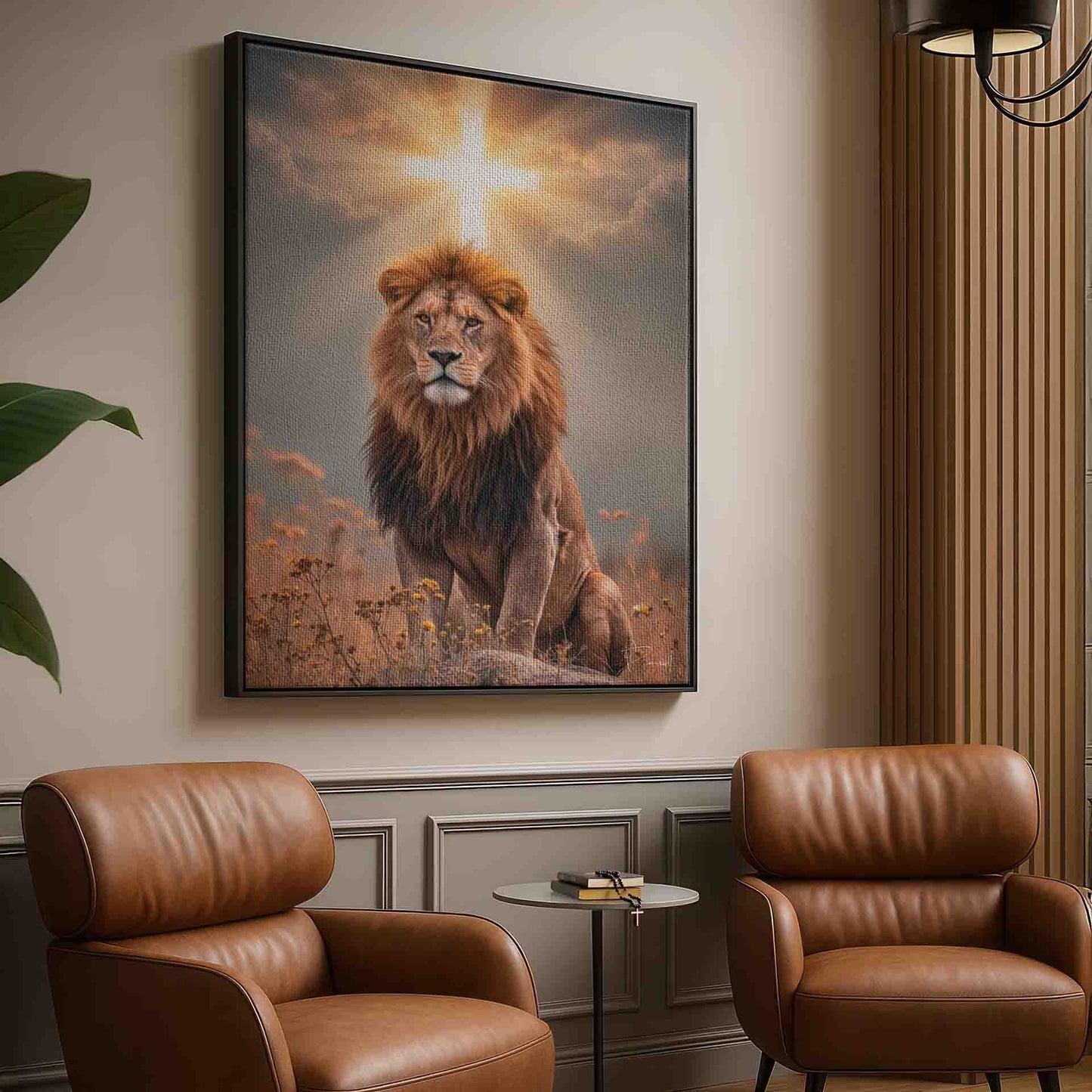 Close-up of the lion's intense gaze with golden hues.